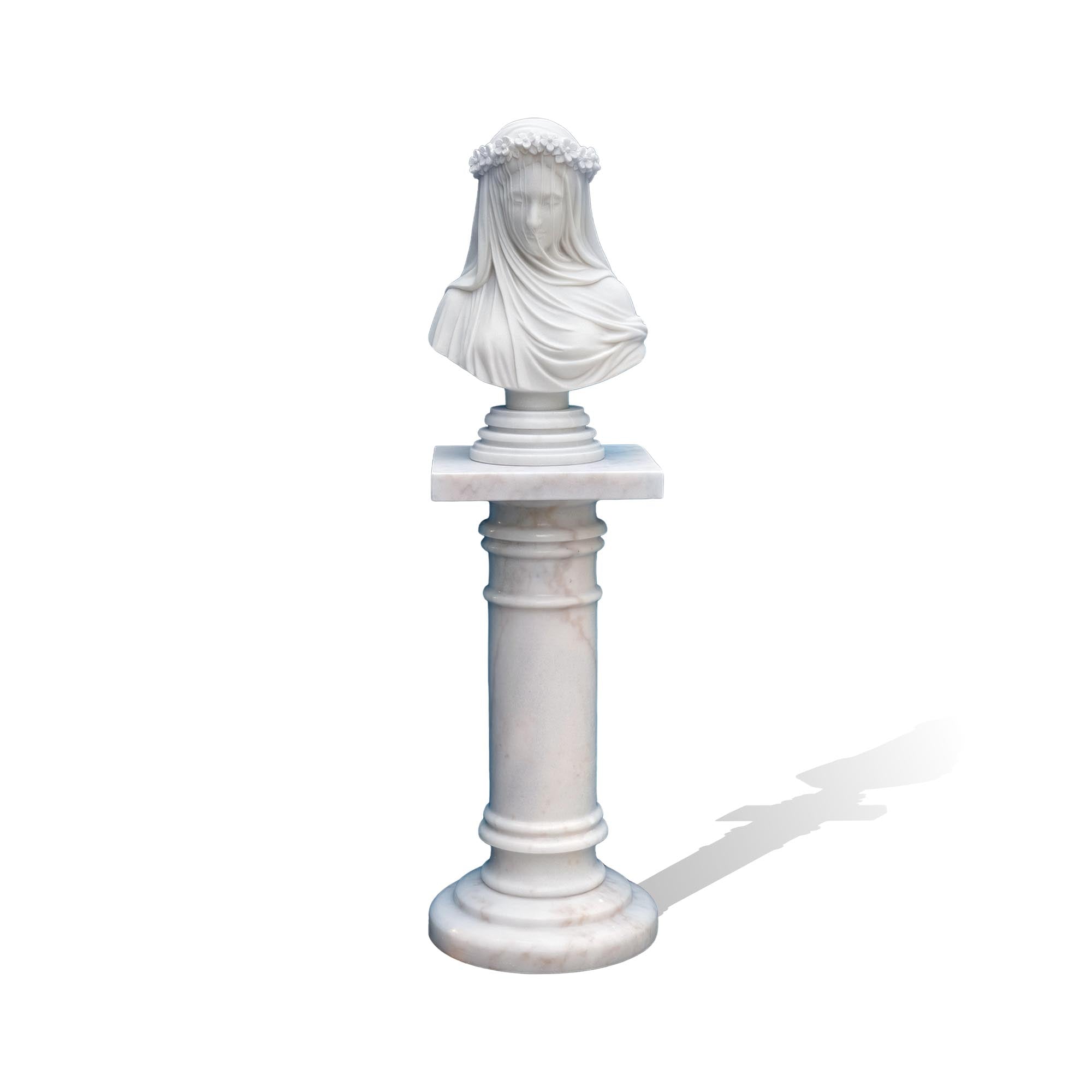 Marble veiled lady bust sculpture with pedestal, front view, fine classical stone artwork for home and gallery decoration.