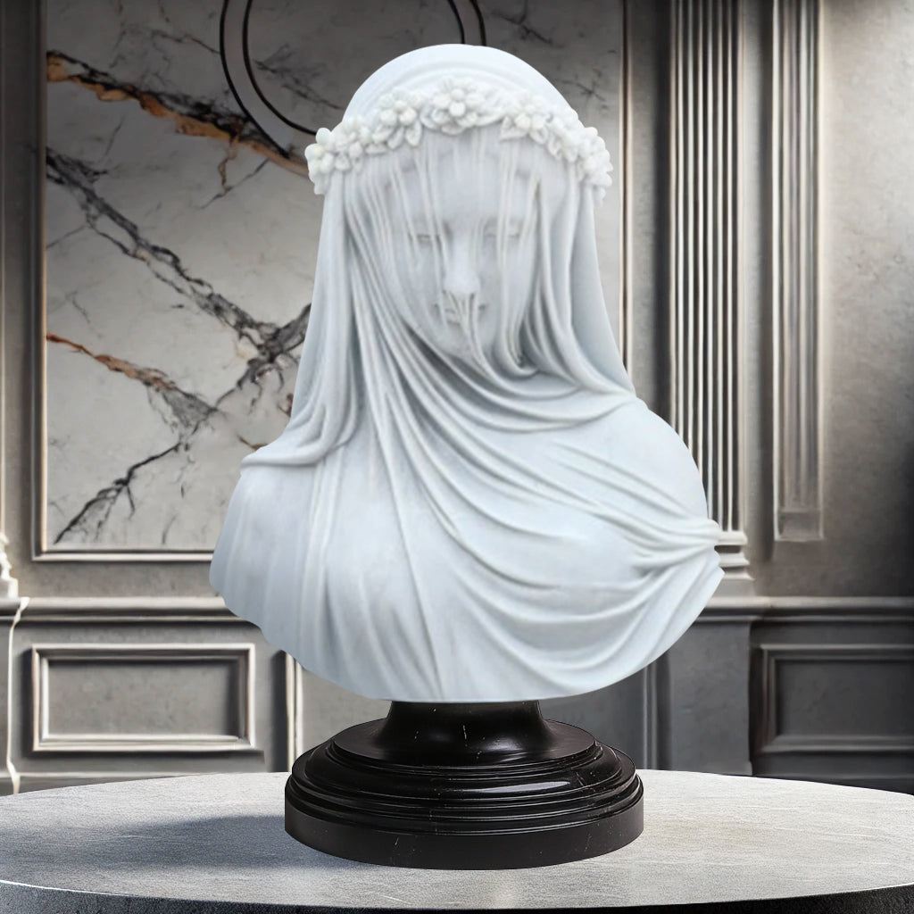 Replica marble bust of a veiled woman with a floral crown, showcasing intricate detailing in natural stone within a classical interior.