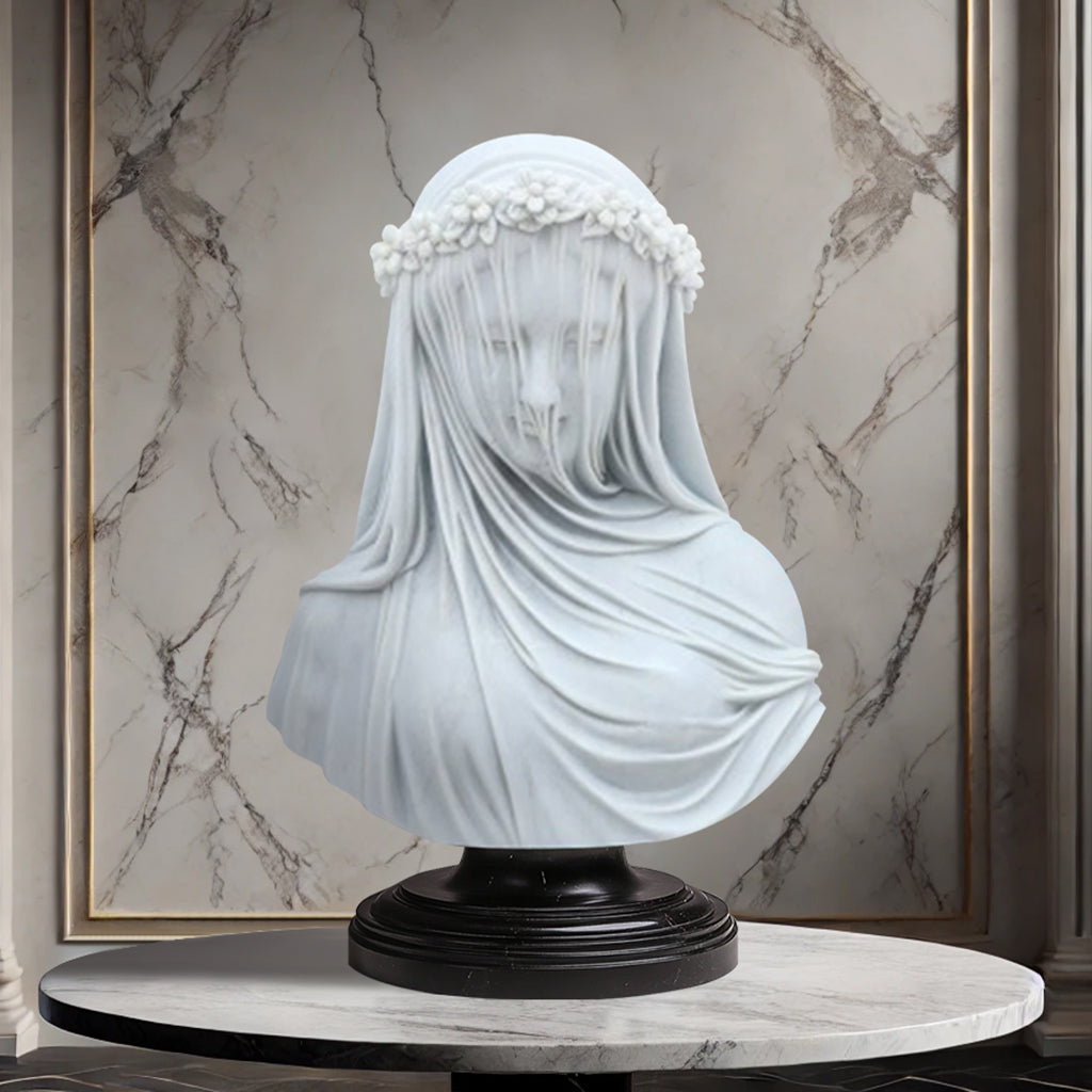 Replica marble bust of a veiled woman with a floral crown, showcasing intricate detailing in natural stone within a classical interior.