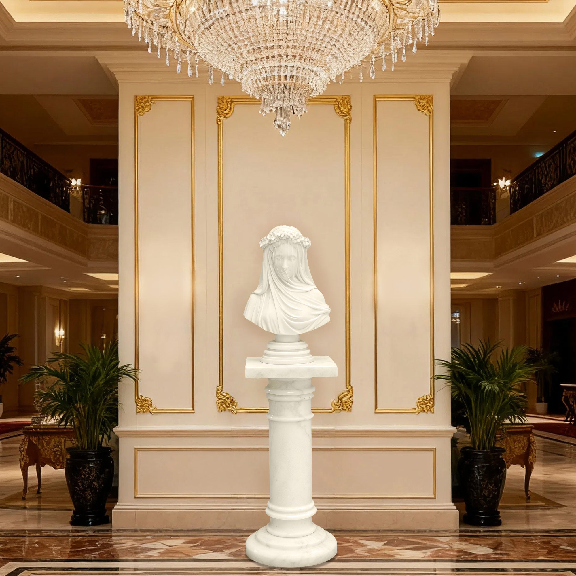 White marble bust of a veiled woman placed on a tall pedestal for interior display