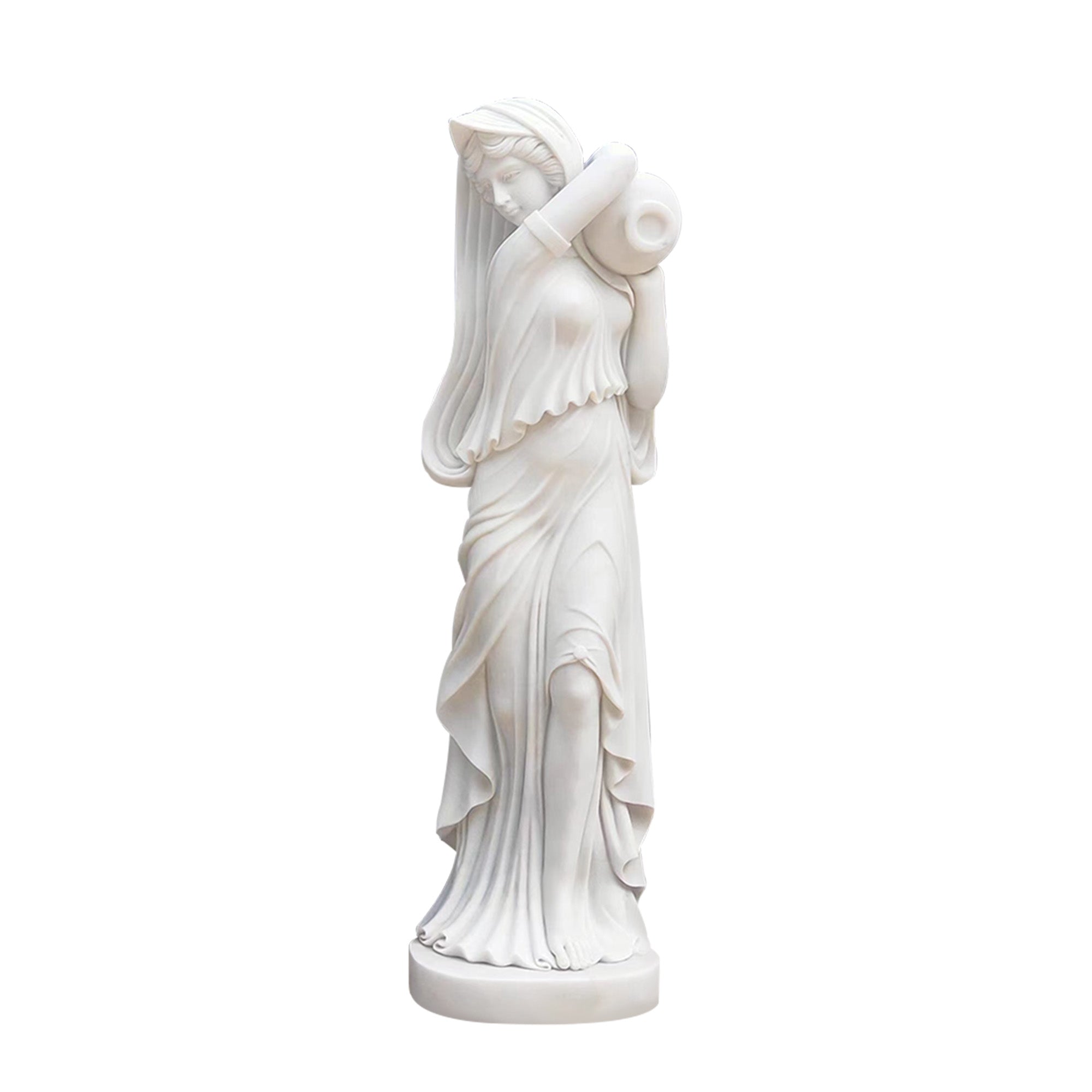 Marble statue of a Greek water maiden holding an amphora, with flowing robes