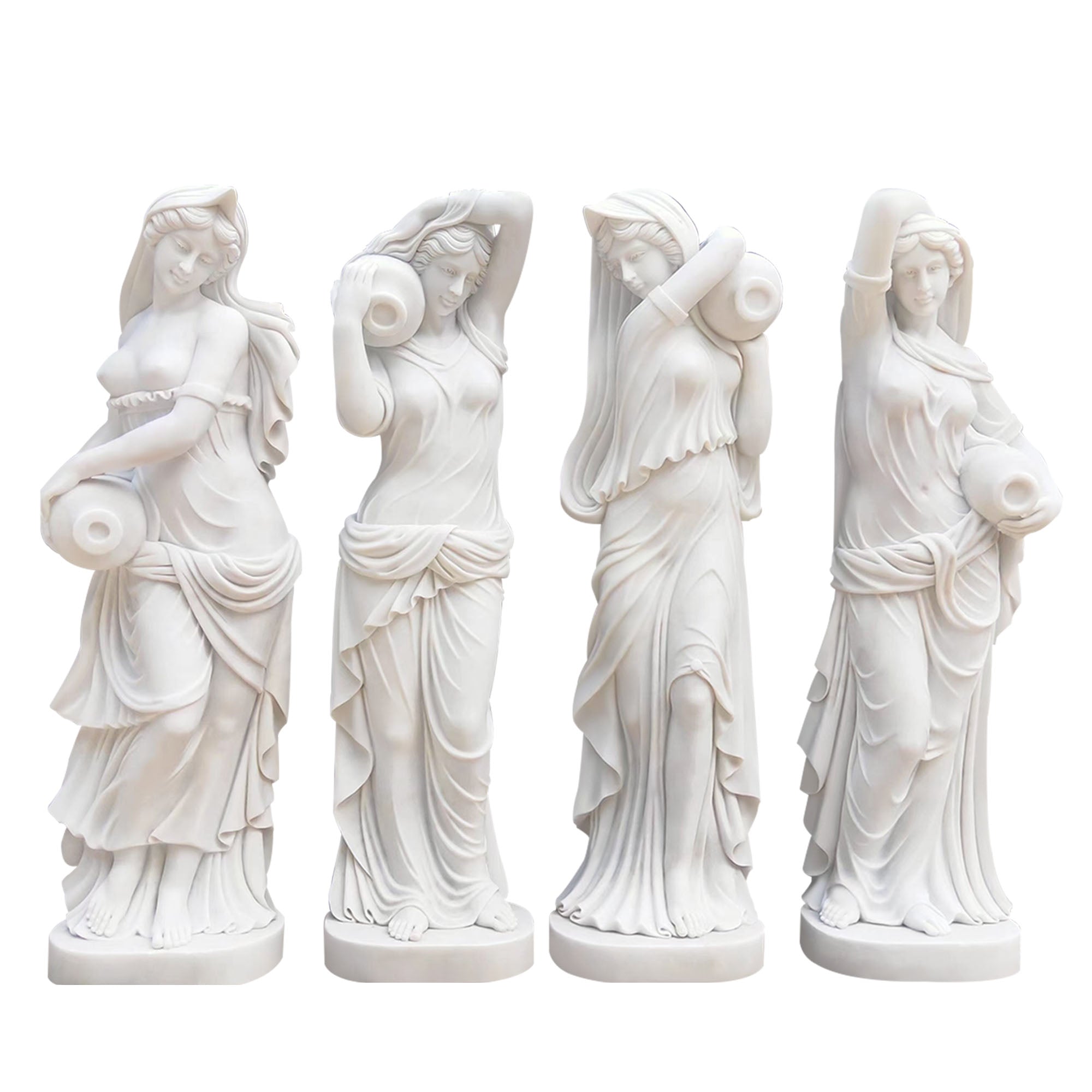 four Marble statues of a Greek water maiden holding an amphora, with flowing robes