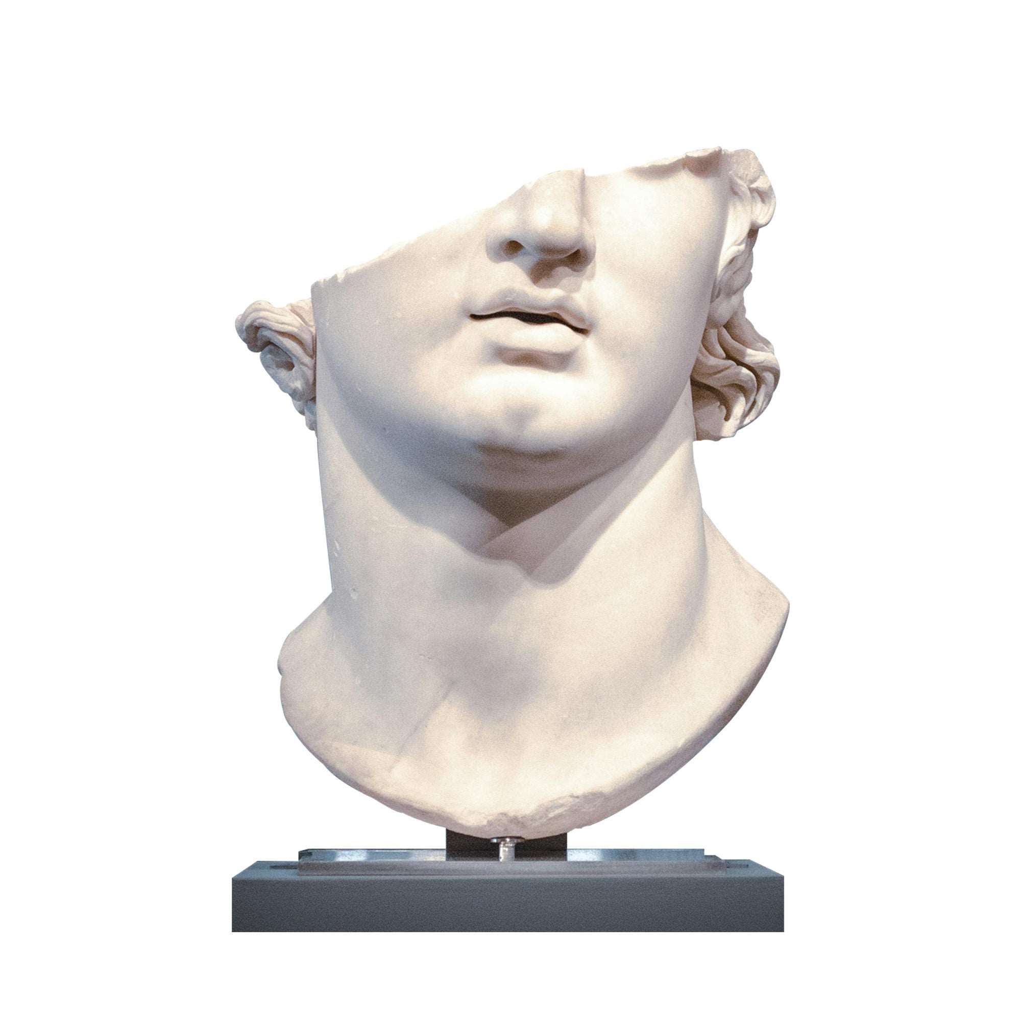 Fragmented marble bust of a Greek male head, capturing classical beauty with a contemporary abstract design