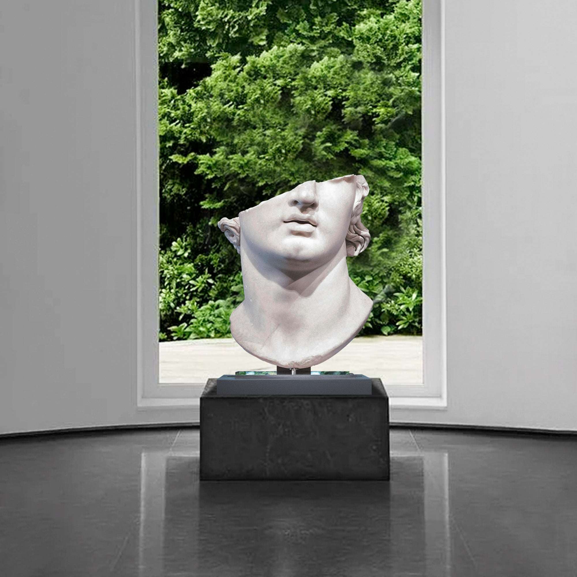 Fragmented marble bust of a Greek male head, capturing classical beauty with a contemporary abstract design, displayed in a modern setting.