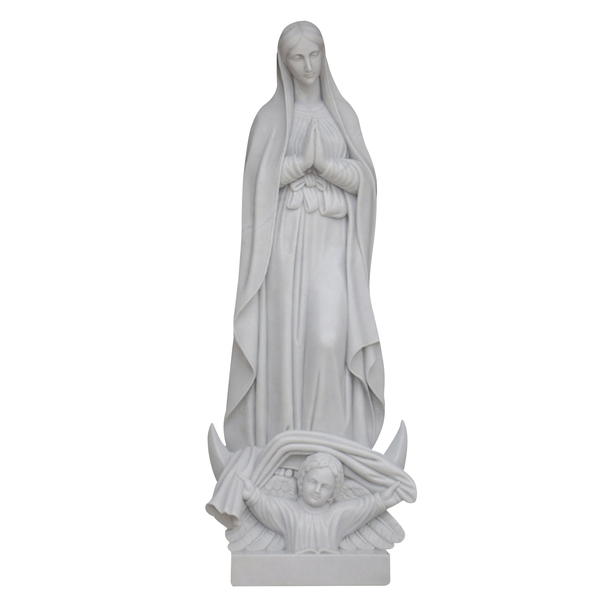 Marble statue of Our Lady of Grace standing in prayer over an angel, symbolizing faith and devotion.