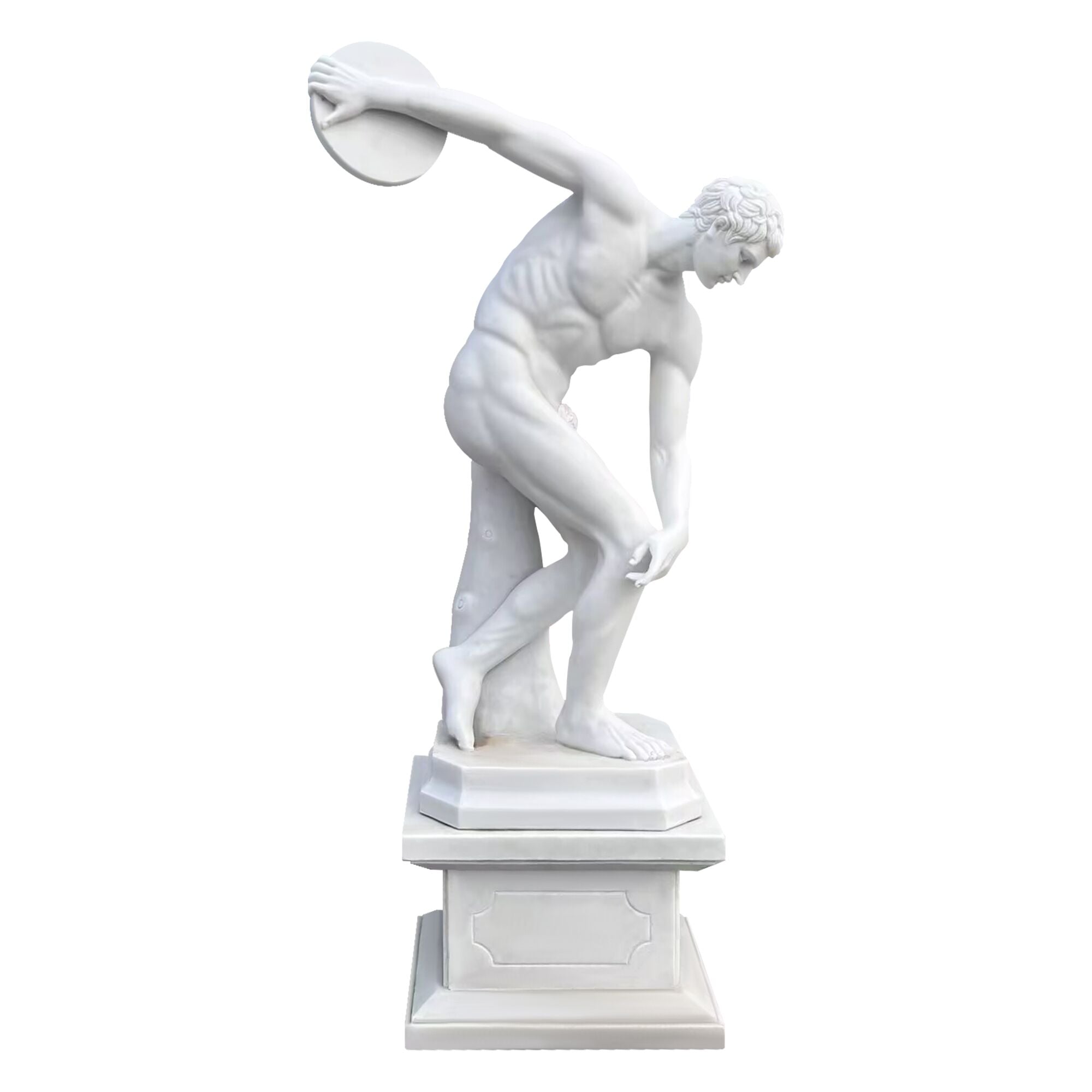 Marble statue of the Discobolus of Myron with a marble pedestal