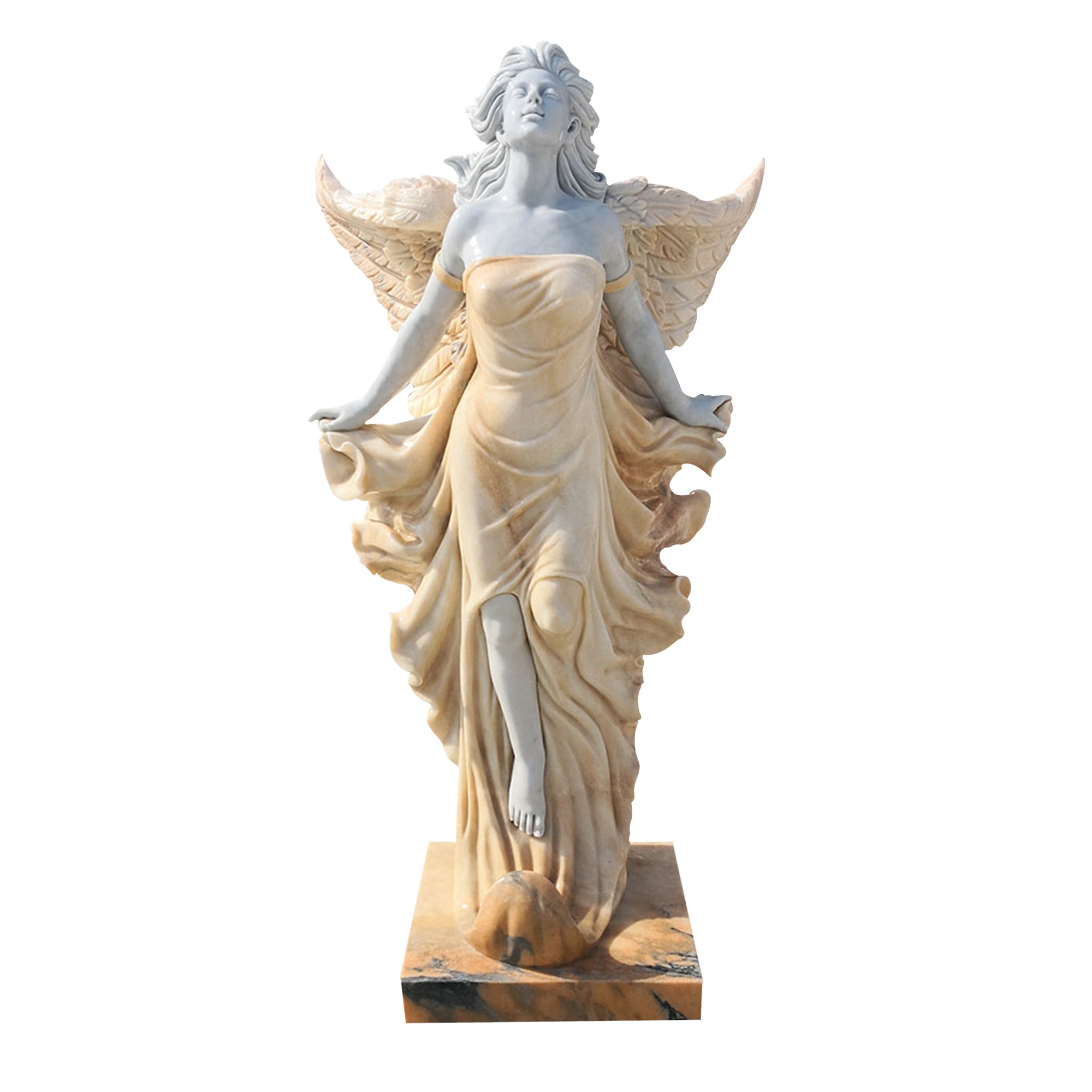 Golden angel marble statue with flowing robes and wings