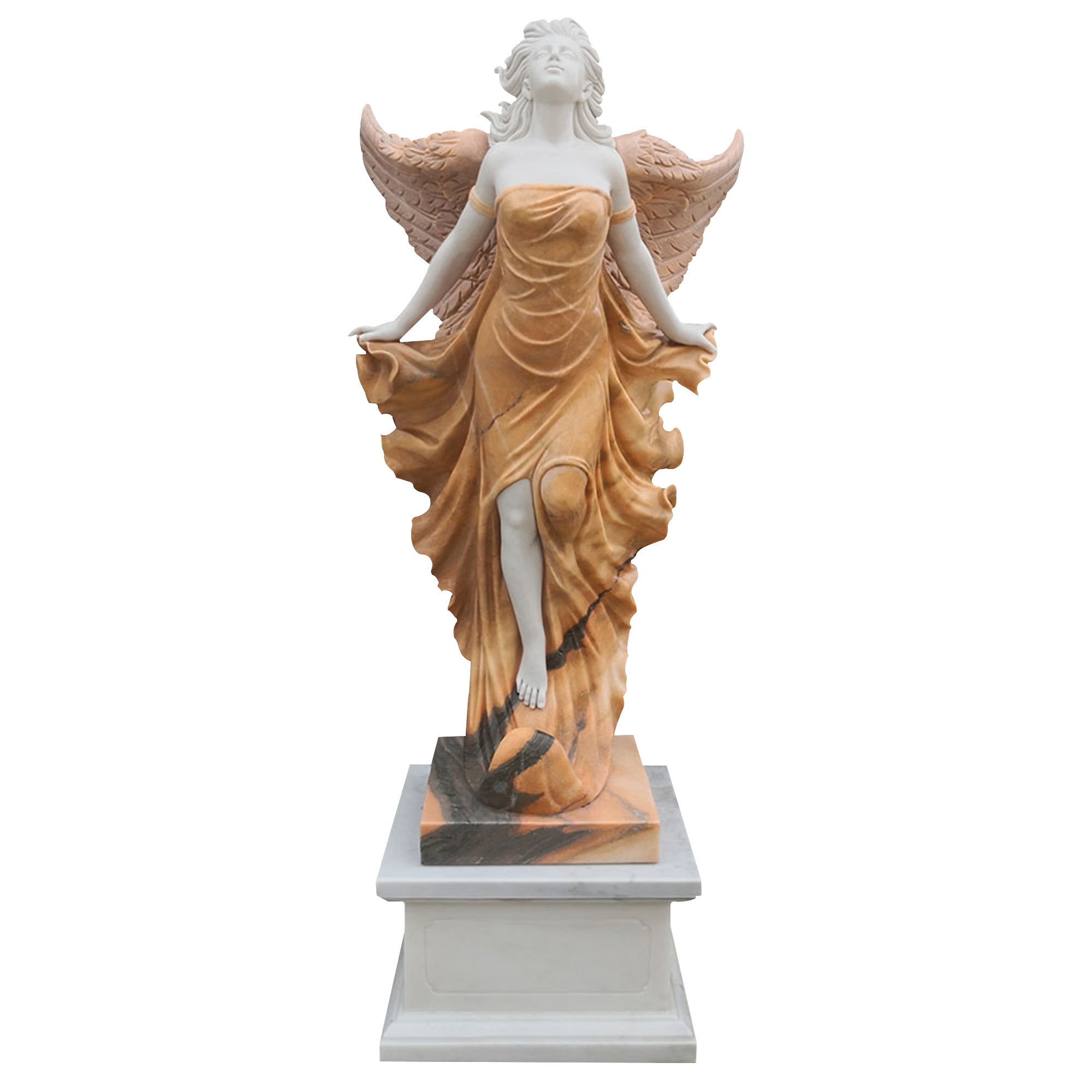 Golden angel marble statue with flowing robes and wings with base