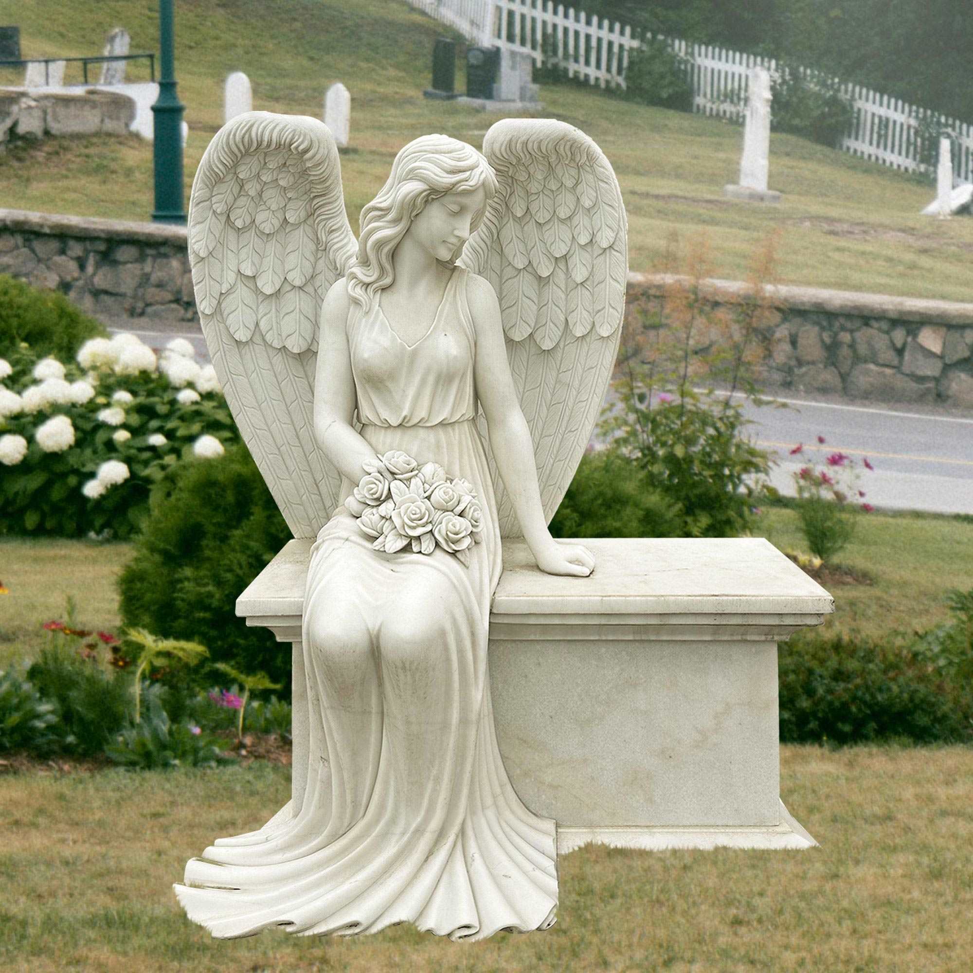 Stone angel statue seated on a bench holding roses, set in a peaceful garden environment.