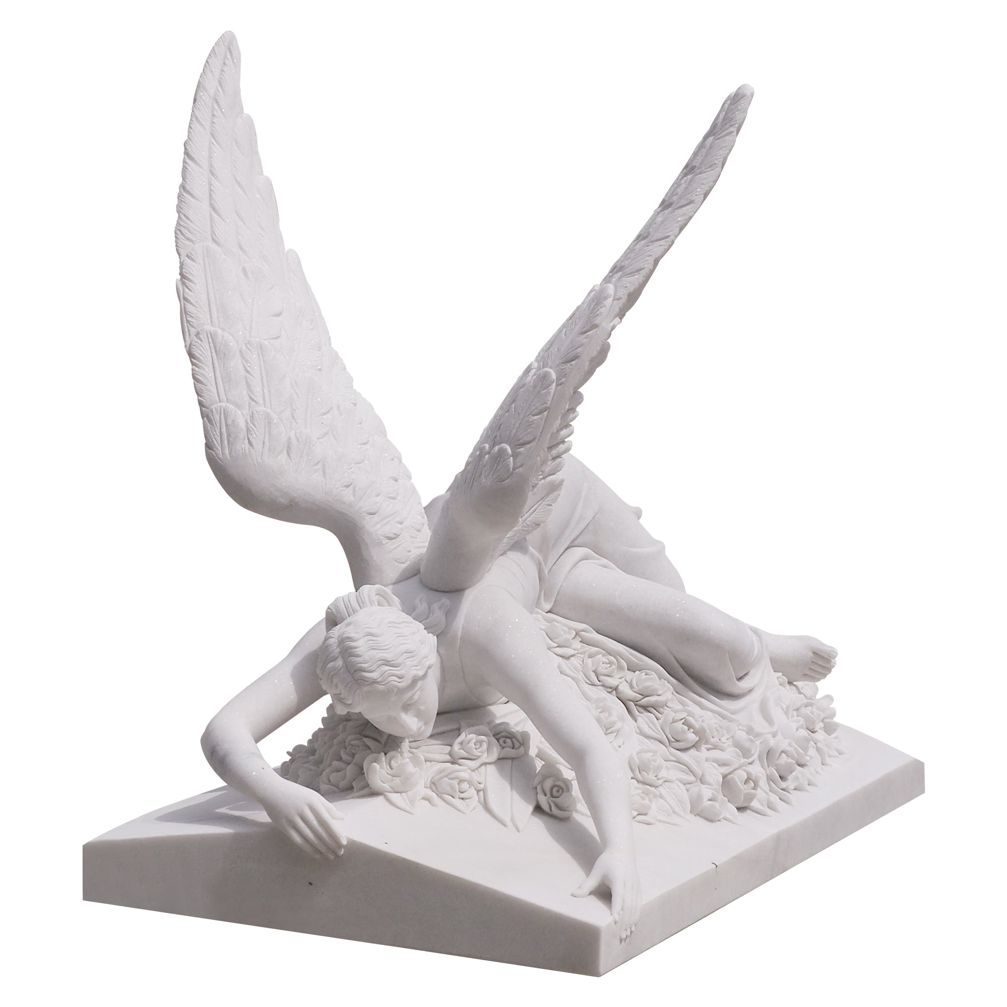 White Marble Fallen Angel Sculpture for garden and memorial decor, symbolizing peace and love.