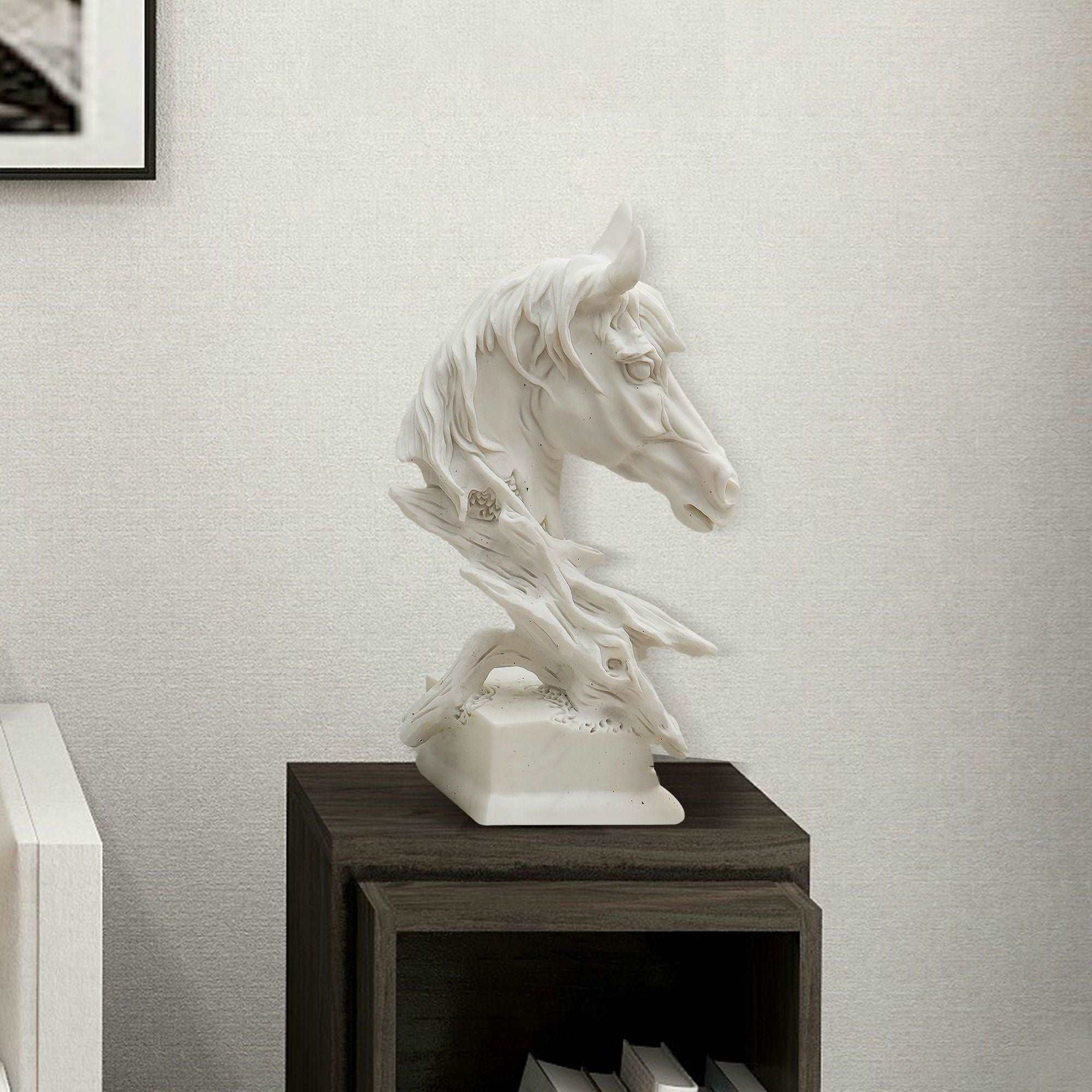 White Marble Horse Head Sculpture for home or office decor, adding elegance and artistic charm, setting on the indoor desk.