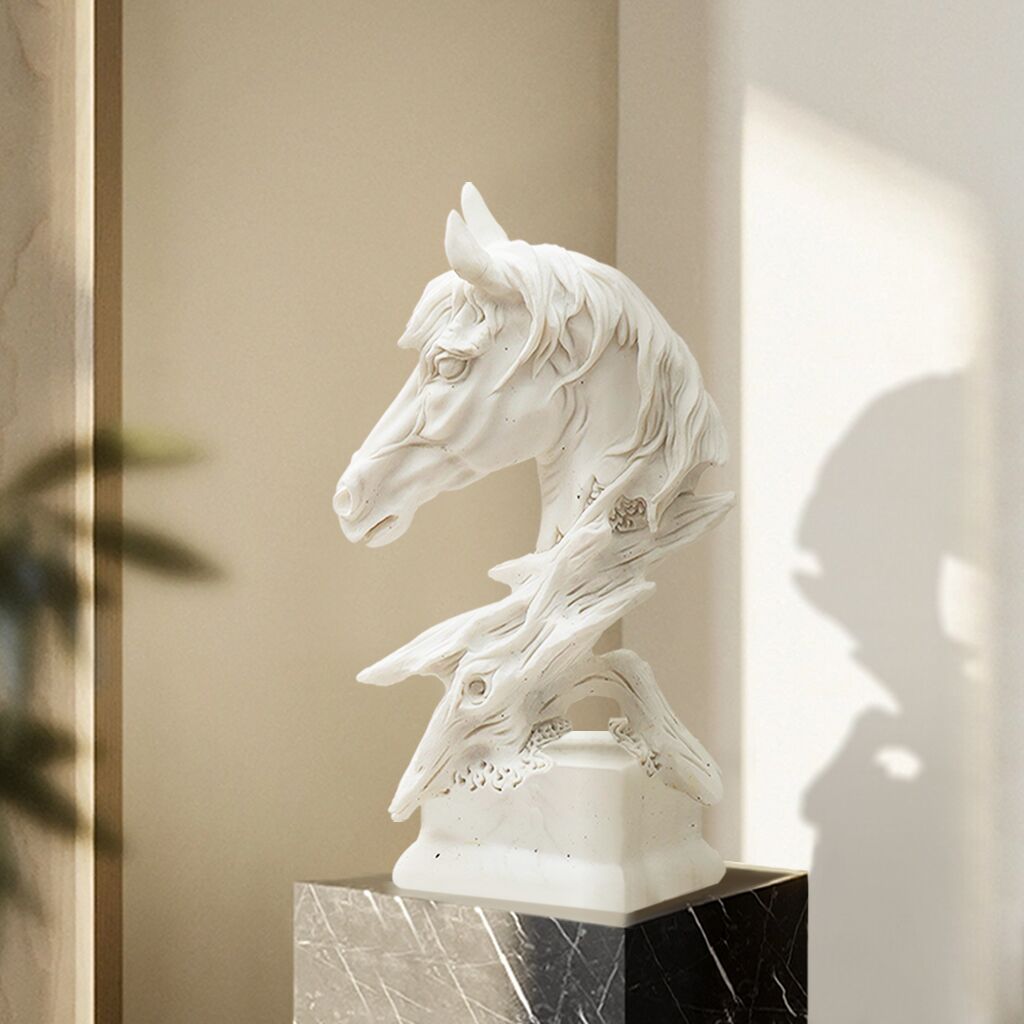 White Marble Horse Head Sculpture for home or office decor, adding elegance and artistic charm, setting on the indoor desk.