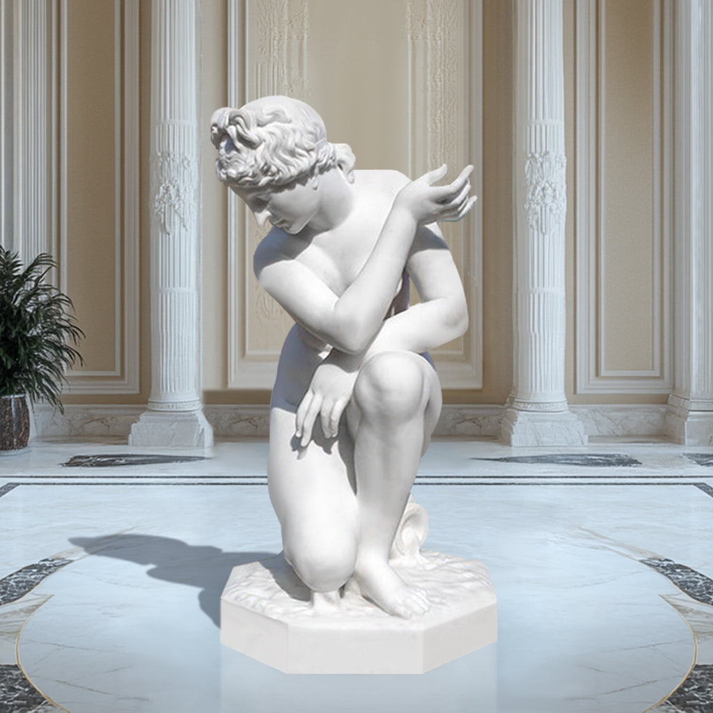 Marble Aphrodite Crouching Venus Statue, display in art outdoor garden.