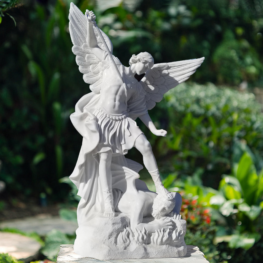 St. Michael the Archangel garden statue crafted from natural white marble with a polished finish, display in outdoor gardens.