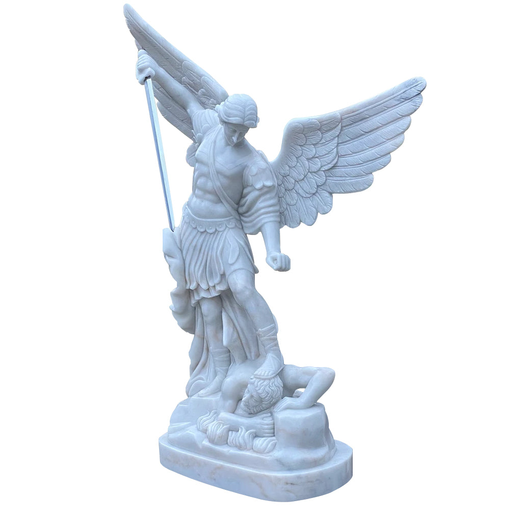 St. Michael the Archangel garden statue crafted from natural white marble with a polished finish