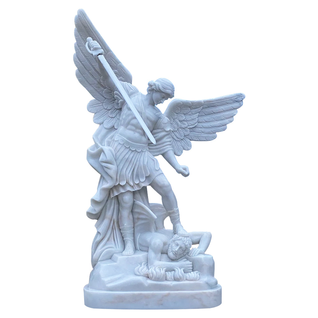 St. Michael the Archangel garden statue crafted from natural white marble with a polished finish