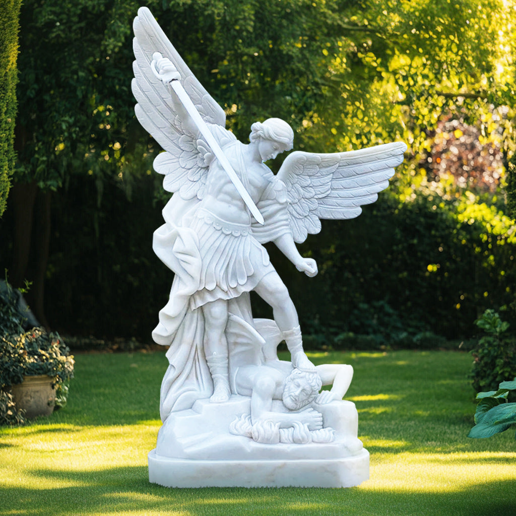 St. Michael the Archangel garden statue crafted from natural white marble with a polished finish, display in outdoor gardens.