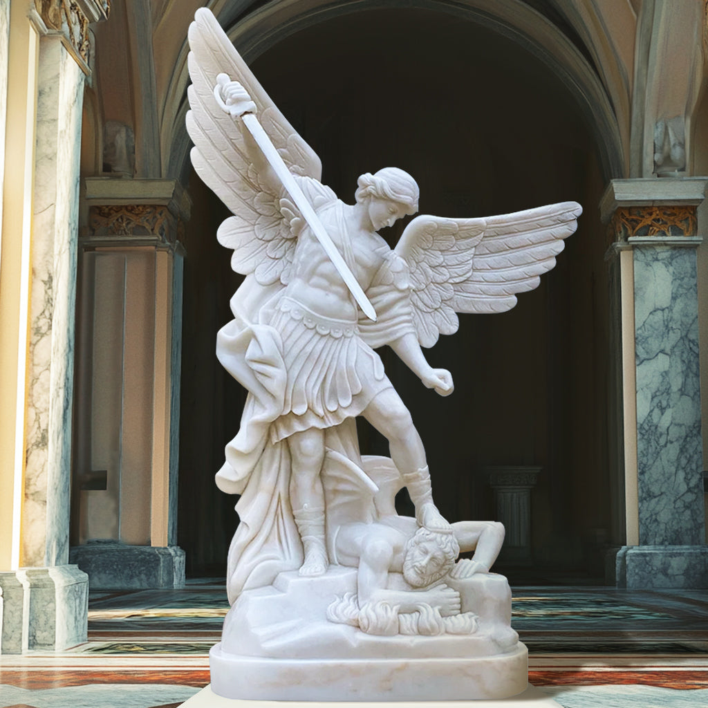 St. Michael the Archangel garden statue crafted from natural white marble with a polished finish, display in a church.