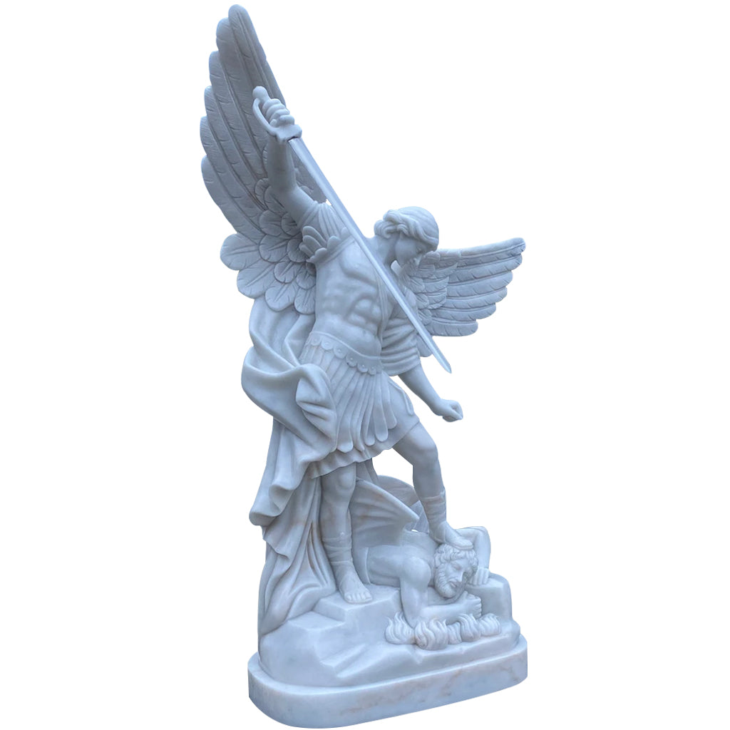 St. Michael the Archangel garden statue crafted from natural white marble with a polished finish