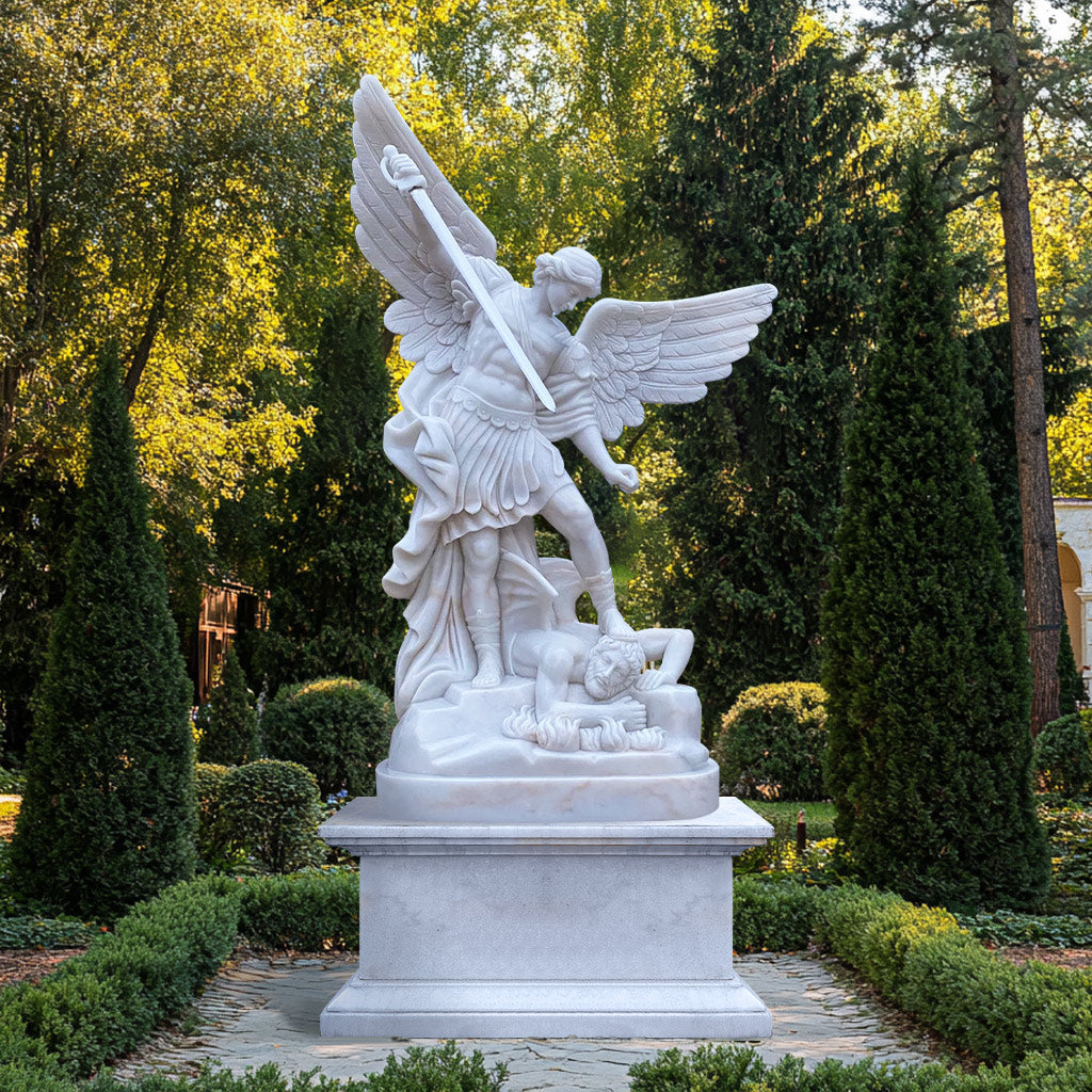 St. Michael the Archangel garden statue crafted from natural white marble with a polished finish and large marble base, display in outdoor gardens.