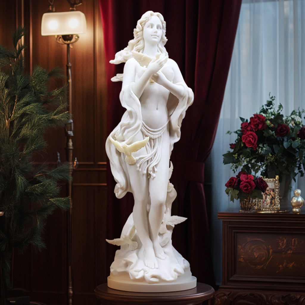  Aphrodite with Doves marble sculpture depicting the Greek Goddess of Beauty Venus, crafted from natural white marble with a polished finish, display indoor decoration