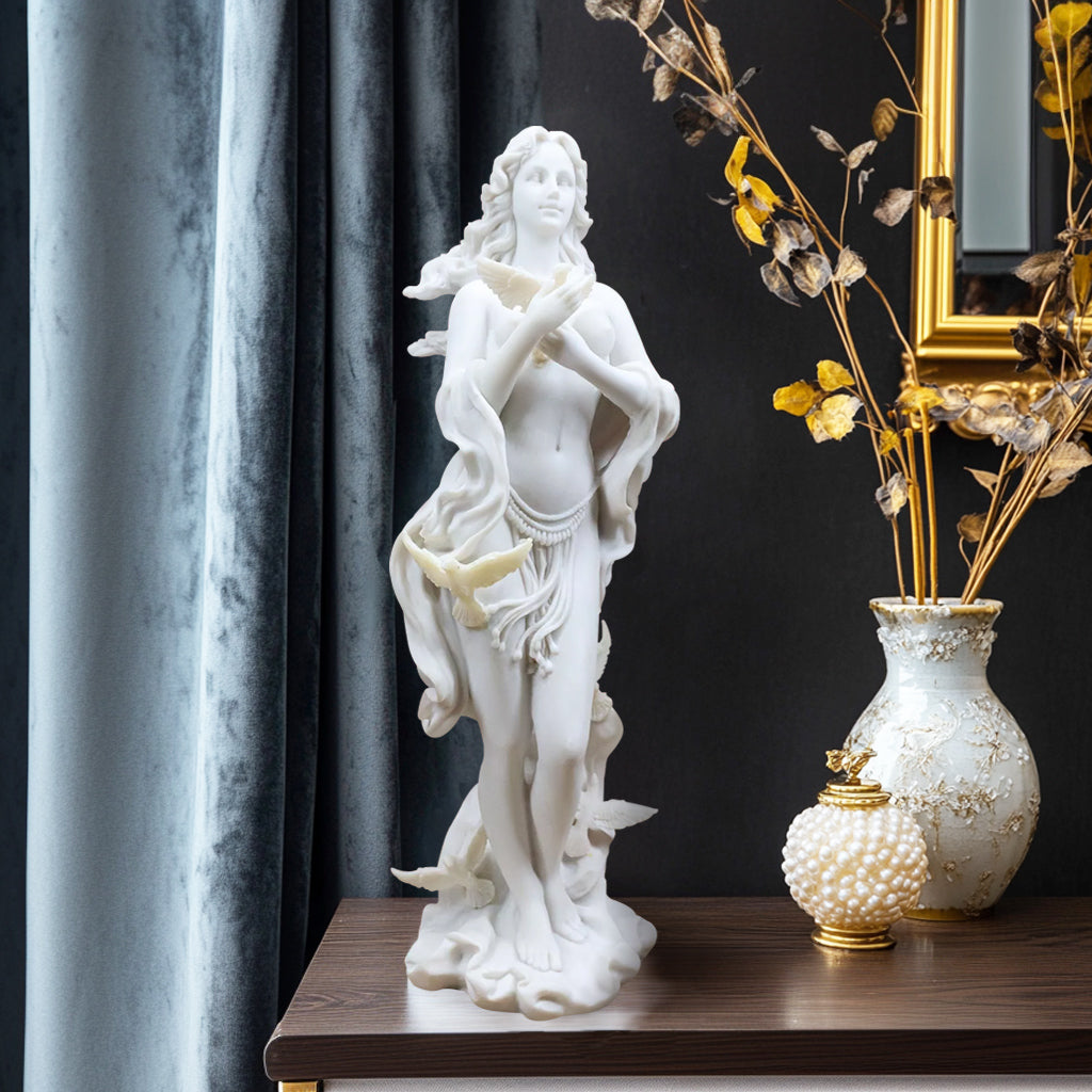  Aphrodite with Doves marble sculpture depicting the Greek Goddess of Beauty Venus, crafted from natural white marble with a polished finish, display on desk