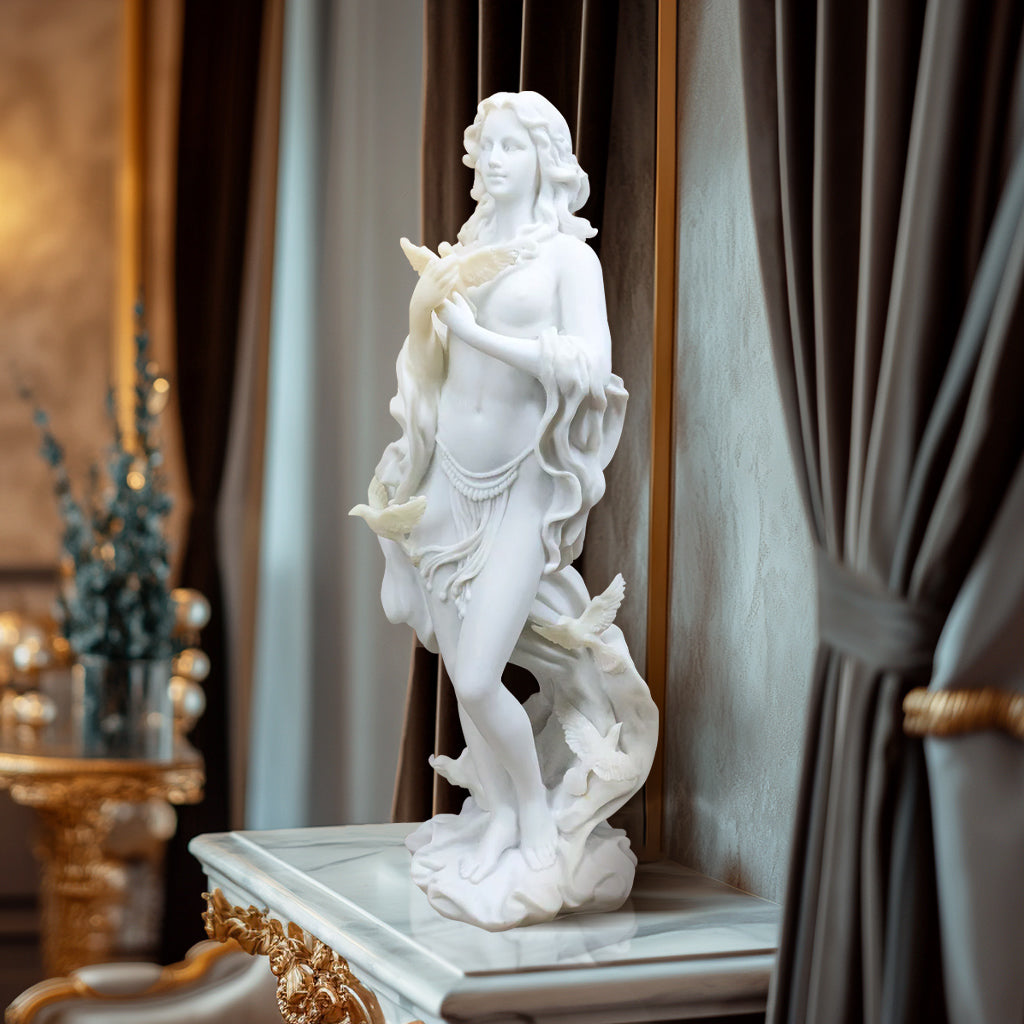  Aphrodite with Doves marble sculpture depicting the Greek Goddess of Beauty Venus, crafted from natural white marble with a polished finish, display indoor decoration