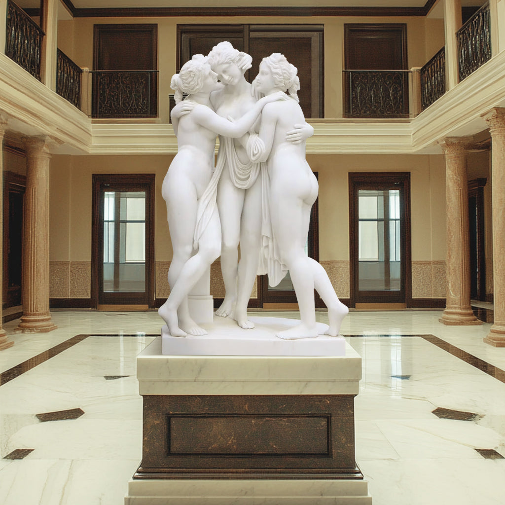 Custom White Marble Garden Sculpture of The Three Graces, featuring graceful figures in a polished finish, display in a lobby