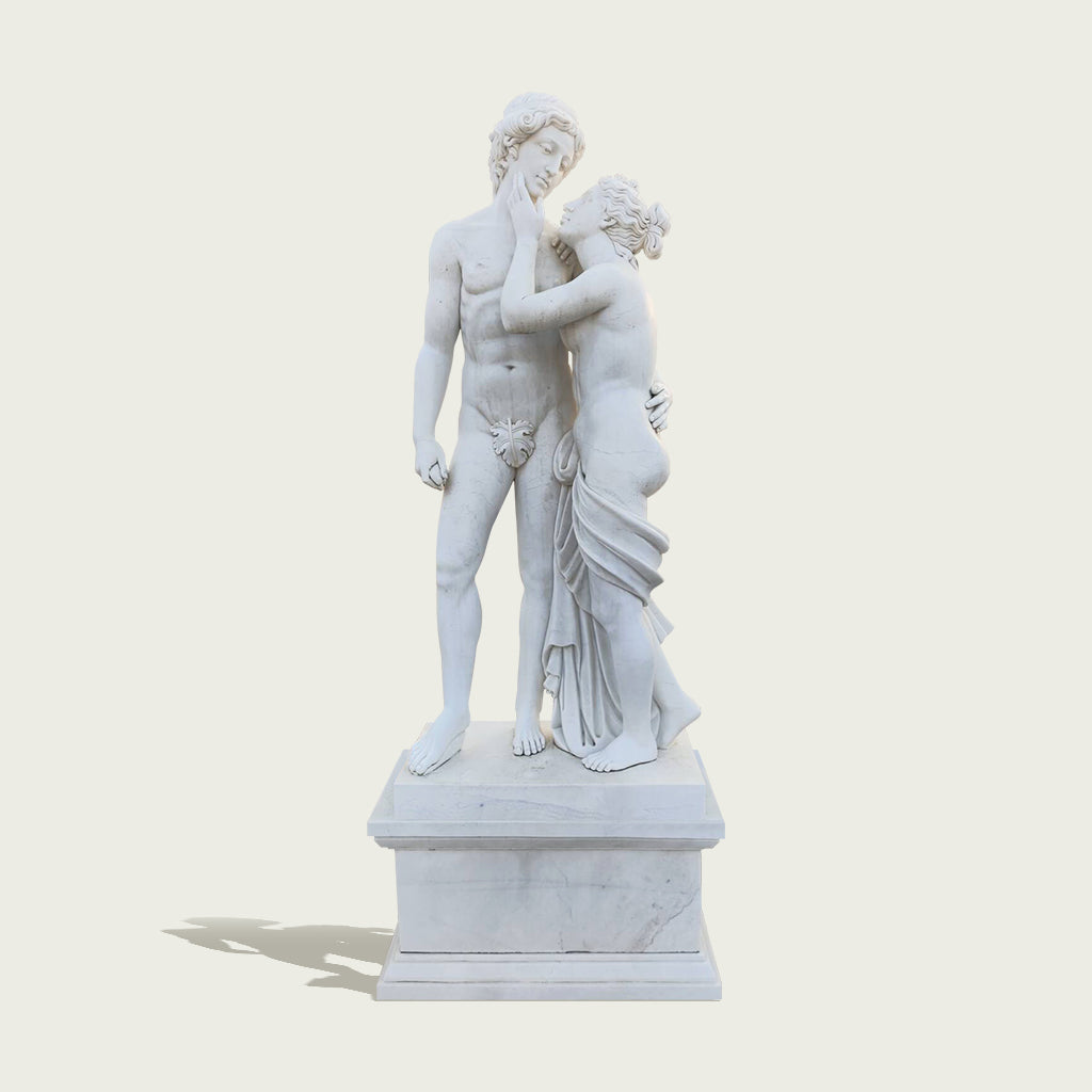 Adam and Eve sculpture in polished white marble with pedestal