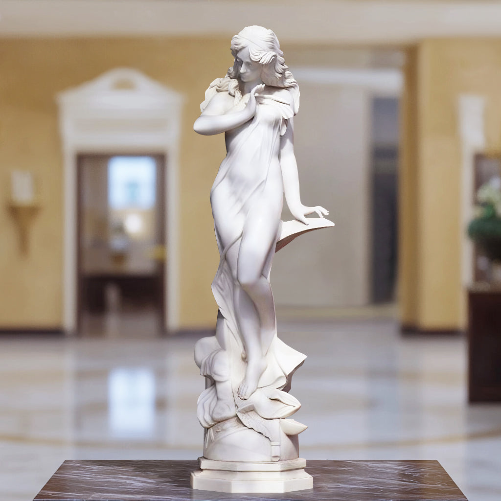 Custom Life Size Elegant White Marble Moon Goddess Sculpture, featuring flowing robes and intricate details, ideal for luxury interiors and art galleries