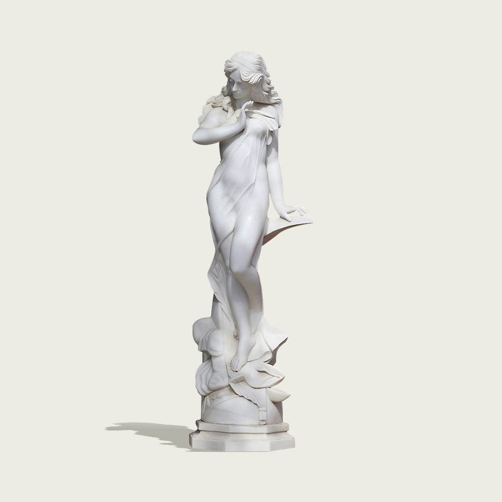 Custom Life Size Elegant White Marble Moon Goddess Sculpture, featuring flowing robes and intricate details