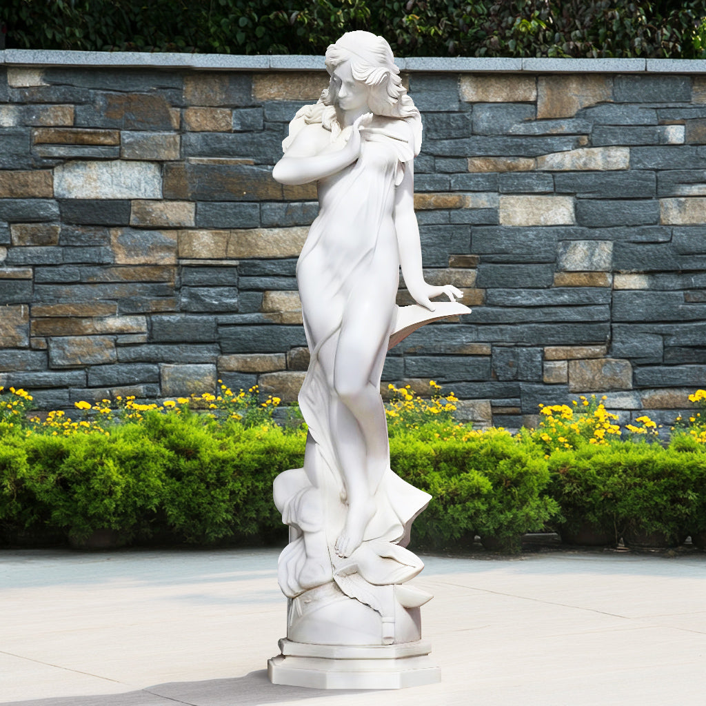 Custom Life Size Elegant White Marble Moon Goddess Sculpture, featuring flowing robes and intricate details, ideal for luxury interiors and art galleries