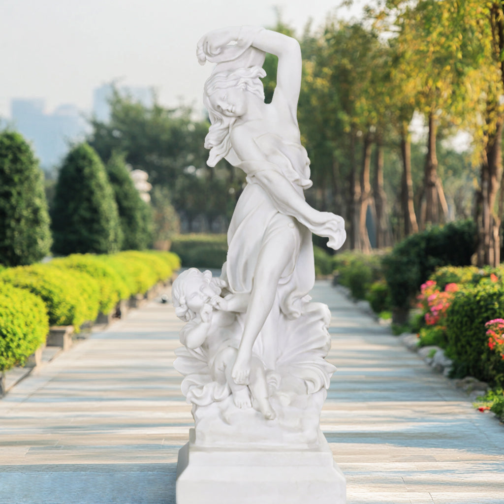 Enhance your space with this Custom White Marble Dancing Woman and Child Sculpture, display outdoor garden