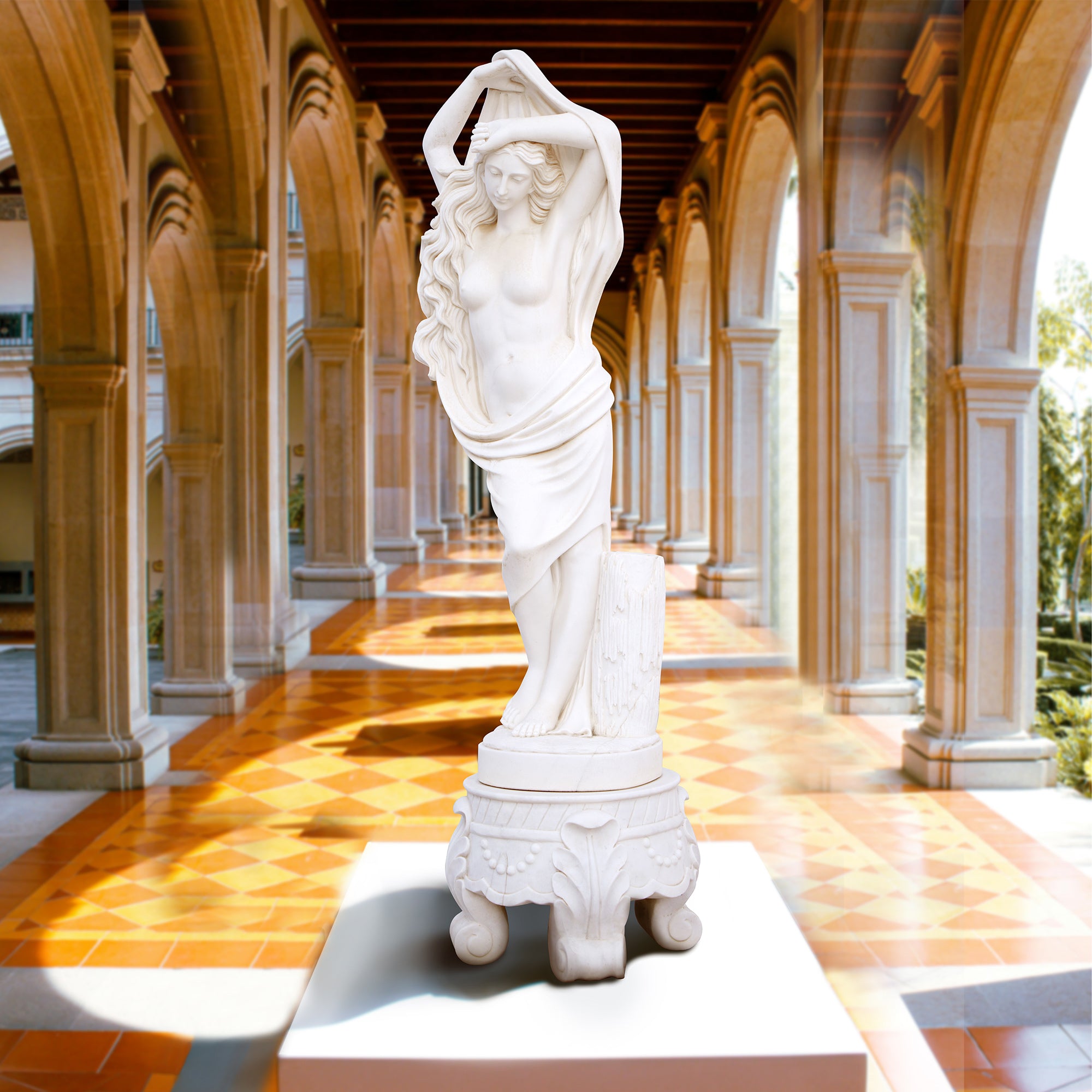 Custom life-size marble statue of a dancing lady, an elegant garden statue sculpture artwork display in a garden corridor