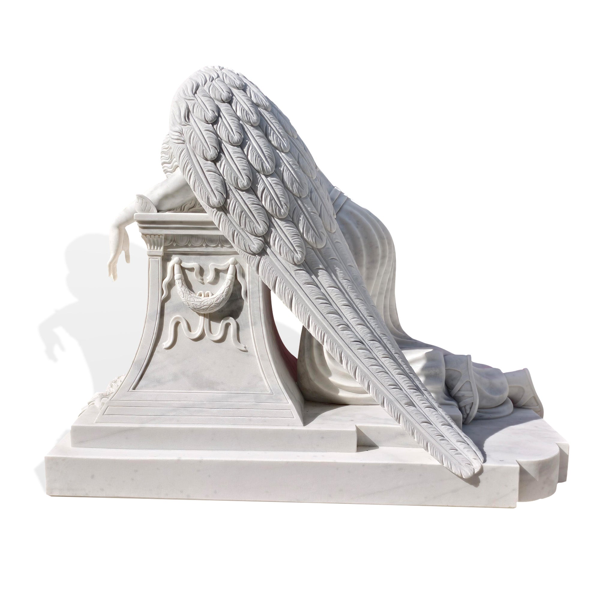 Large marble angel memorial sculpture, available in stock with dimensions 78.7W x 60H x 47.3D, ideal for commemorative gardens or memorials