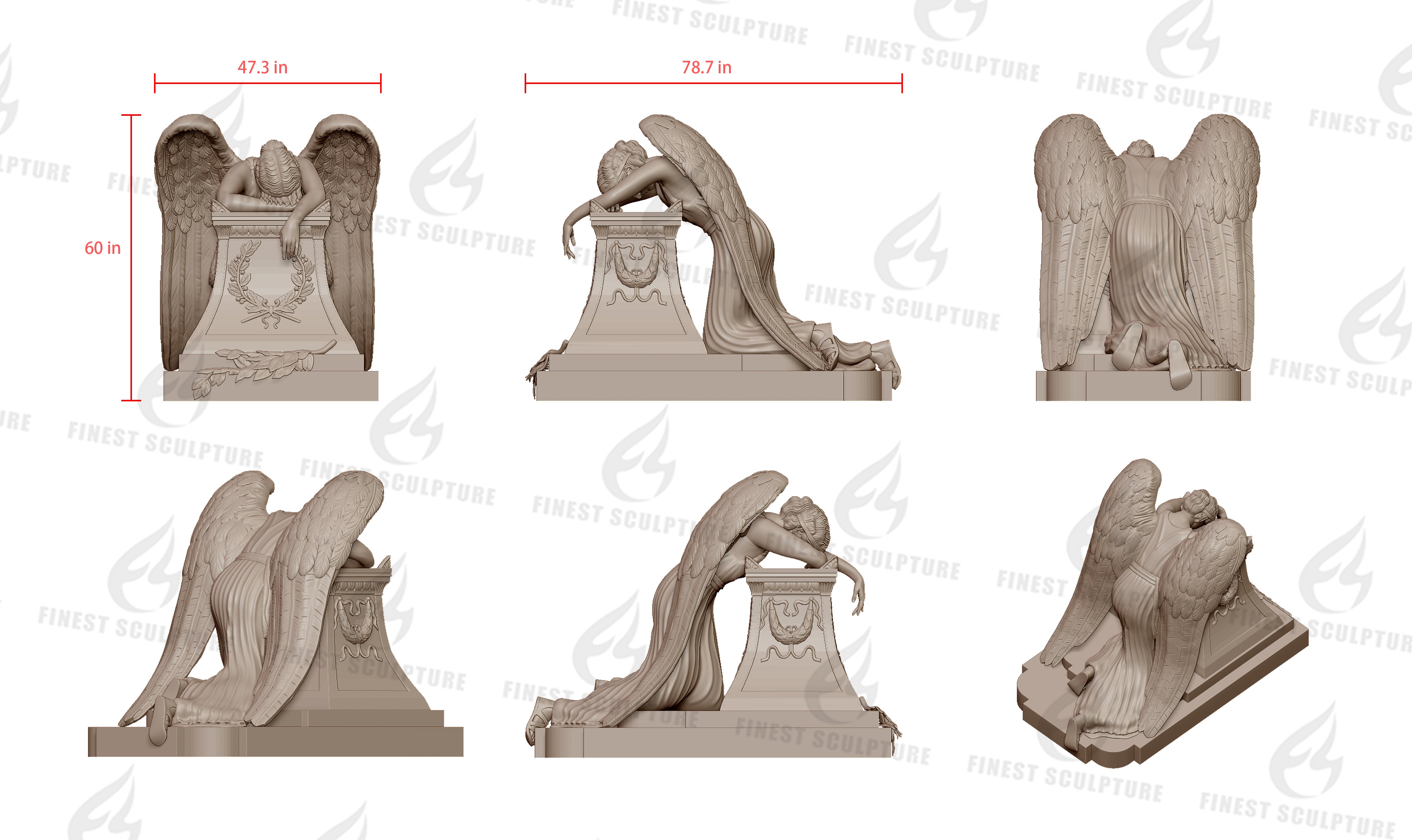 3D drawing of a marble angel memorial statue, dimensions 78.7W x 60H x 47.3D, showcasing different angles of the statue with intricate details of the wings and base design