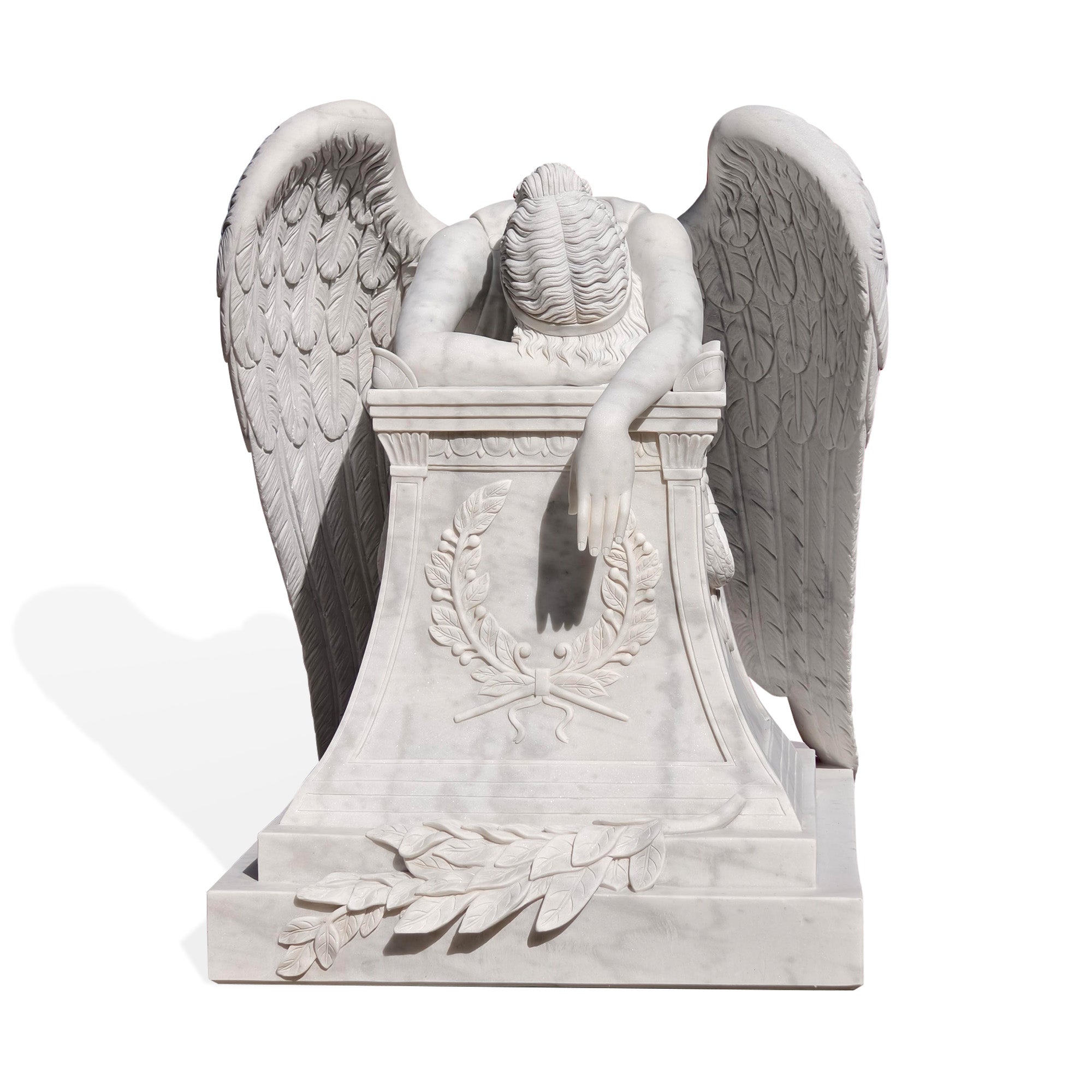 Marble memorial angel statue in stock, dimensions 78.7W x 60H x 47.3D, beautifully carved with detailed wings and drapery, ideal for commemorative spaces