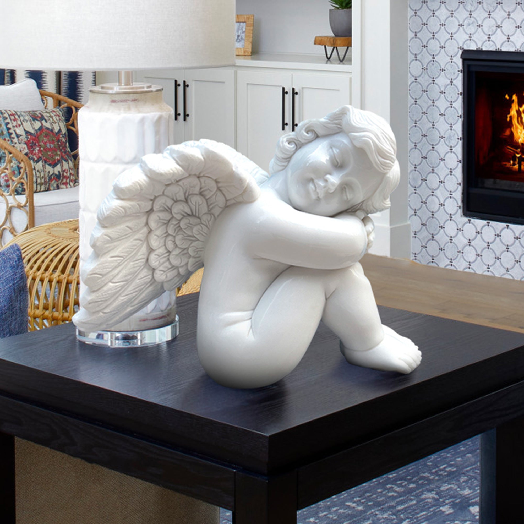 Custom size white marble Sleeping Cherub Angel statue, hand-carved with intricate wings and serene sleeping expression, display on the desk
