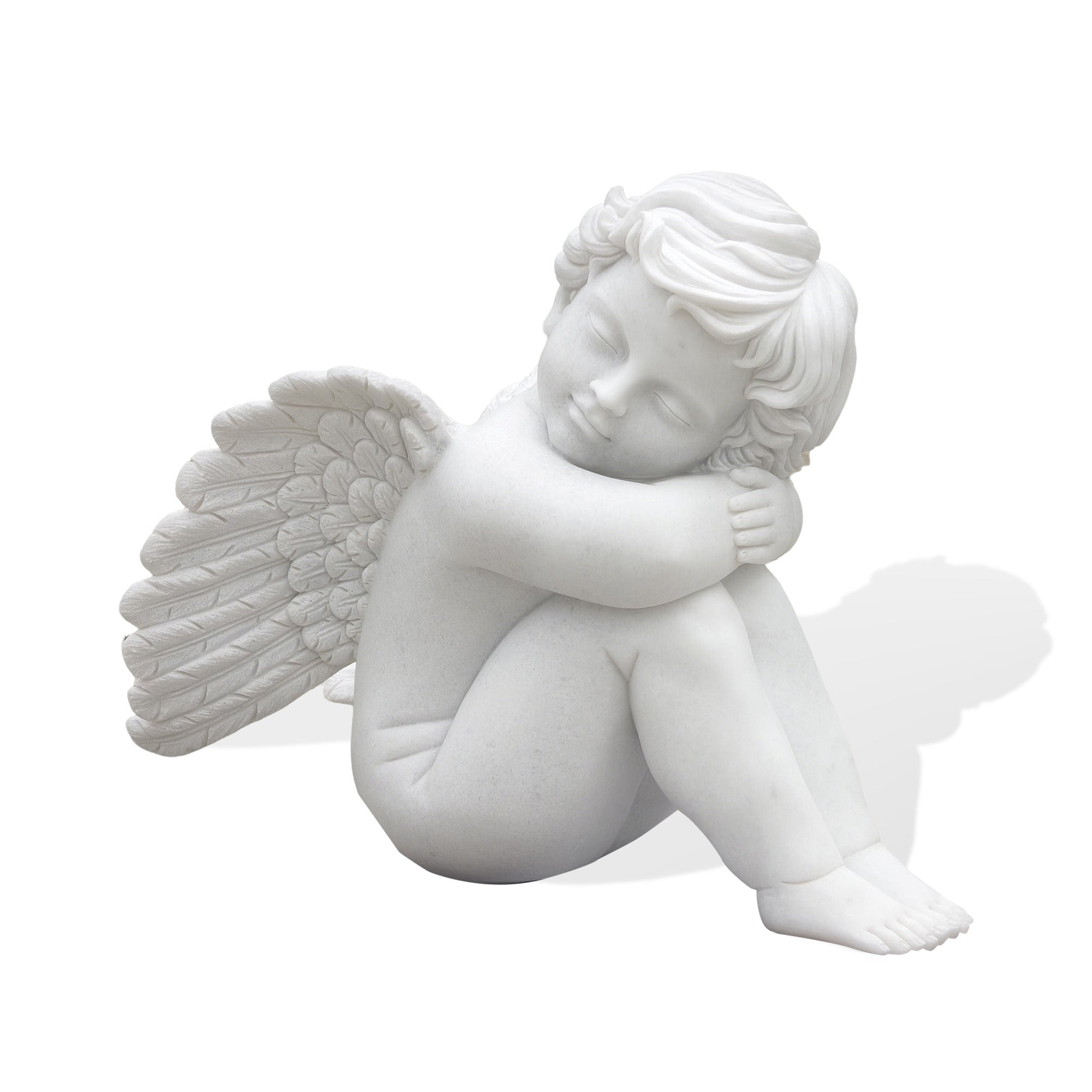 marble cherub angel statue side view, cute baby angel sculpture sitting pose with wings, decorative marble statue for garden, patio, and interior display