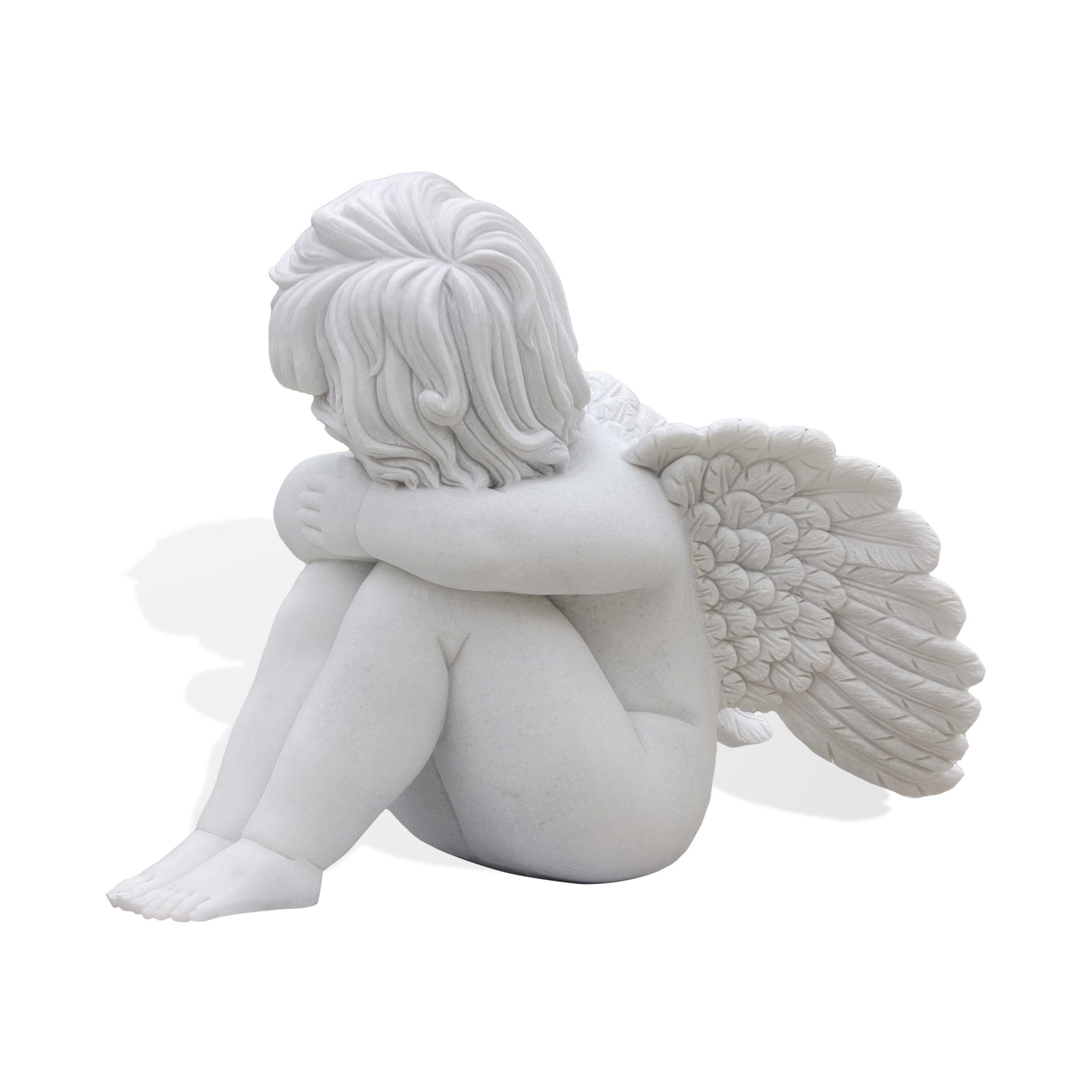 white marble angel statue wings detail back side view, cherub sculpture sitting pose, elegant marble baby angel statue for garden and home decor