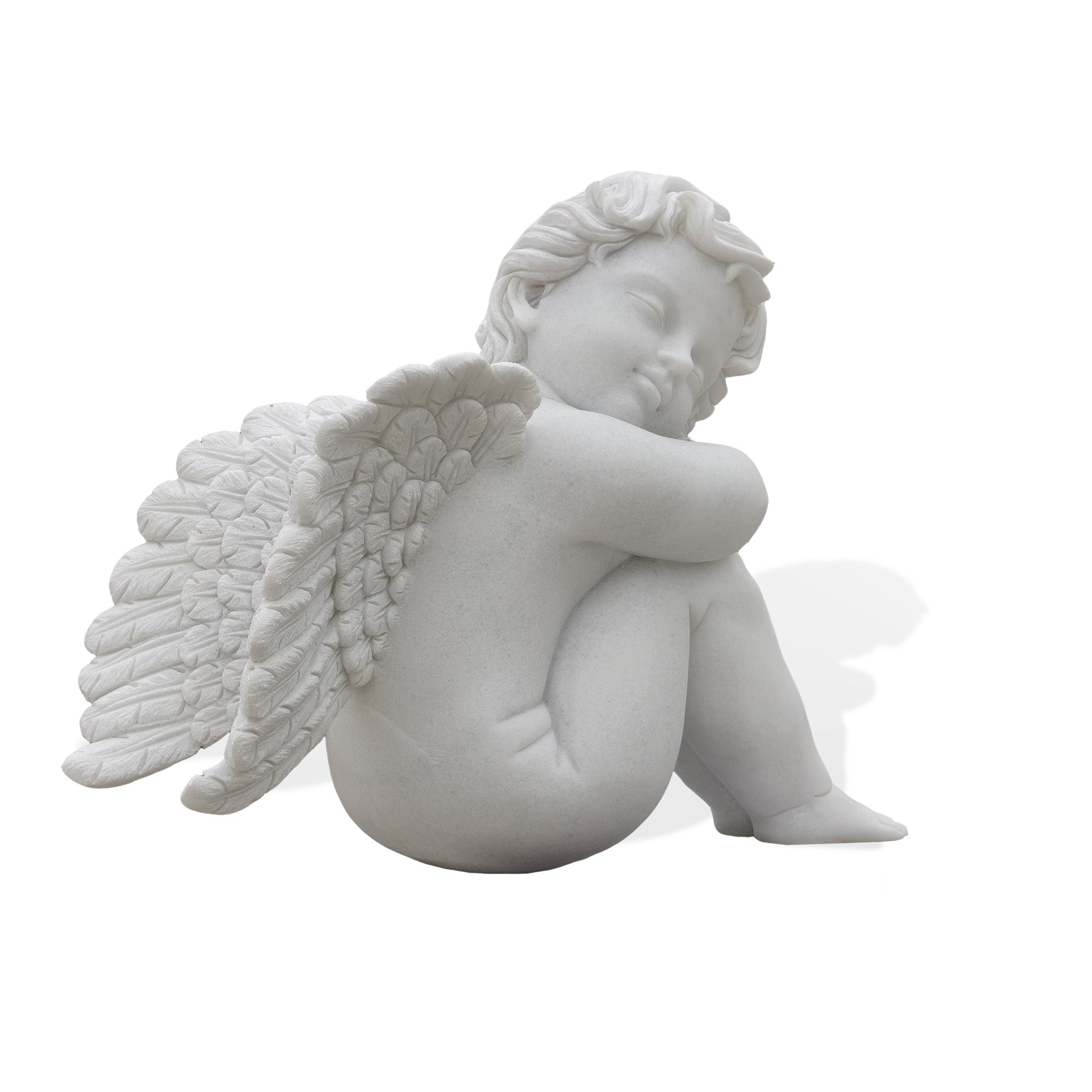 white marble cherub statue sitting with wings back view, outdoor garden angel sculpture decor, classical baby angel marble statue for yard and patio