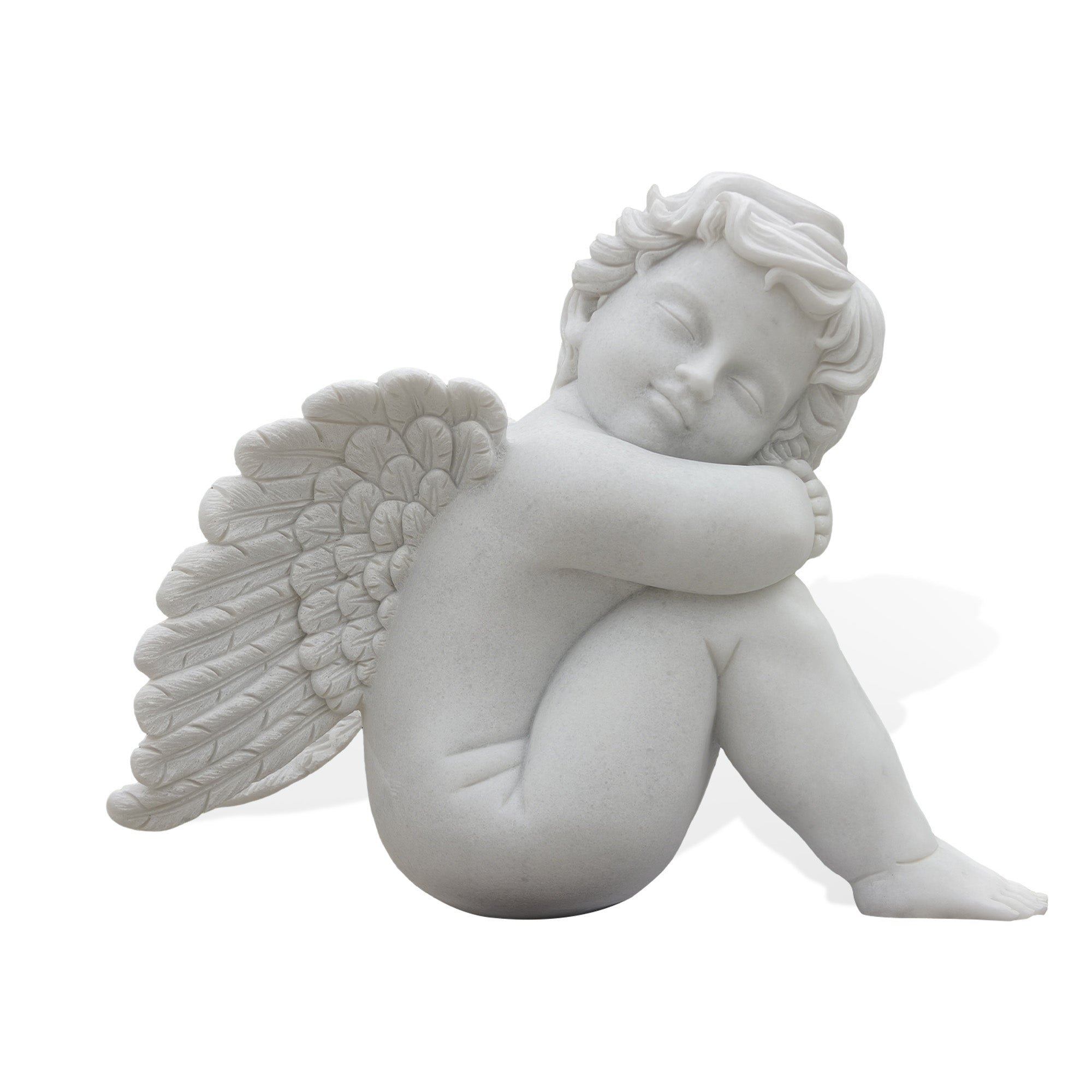 white marble sleeping cherub statue front view, cute baby angel sculpture with wings, classical marble garden statue for home and outdoor decoration