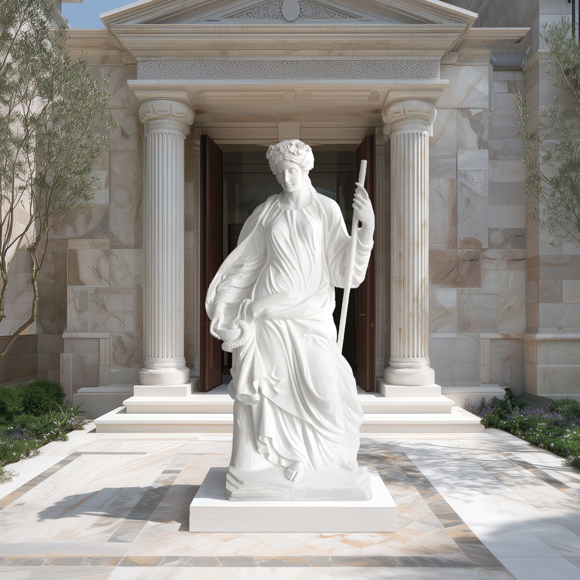Hand-carved white marble Health goddess sculpture inspired by Rome’s Trevi Fountain, ideal for luxury garden decor