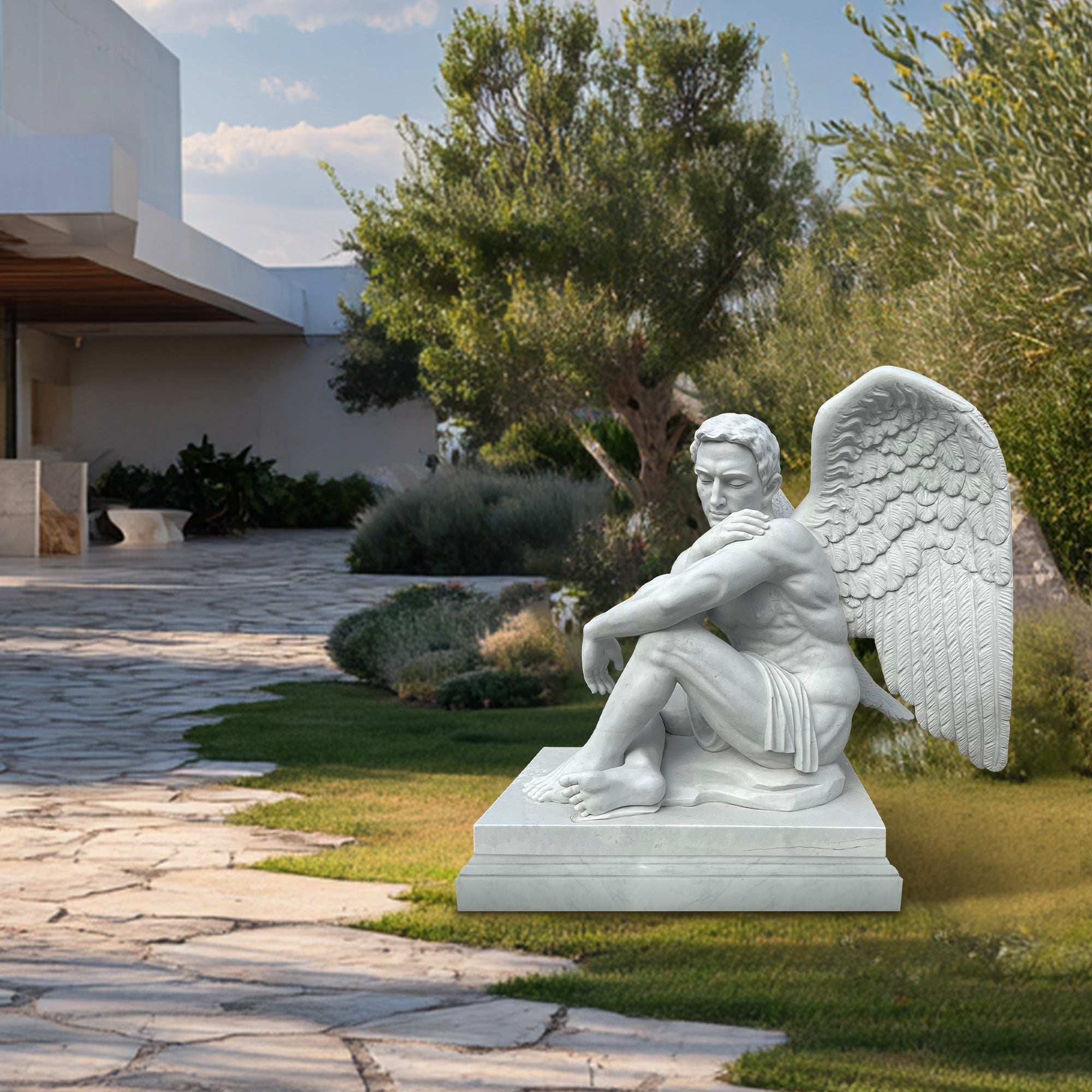 Sitting male protective angel sculpture with intricate marble detail, ideal for gardens or memorial spaces