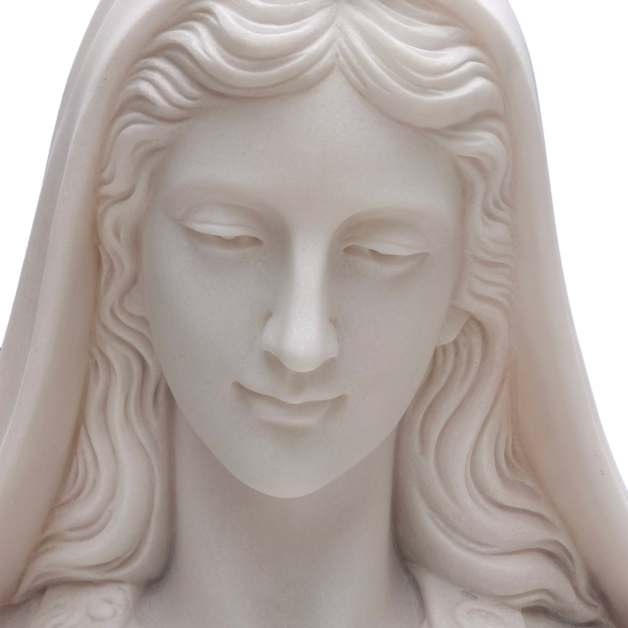 Close-up of Virgin Mary statue's face with gentle smile expression