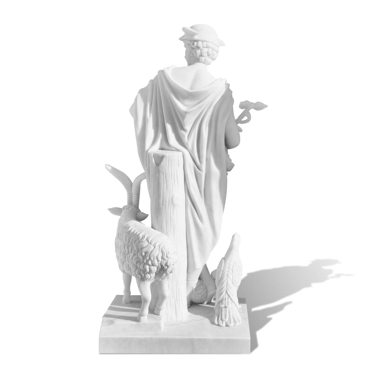 luxury marble Mercury statue inspired by Roman mythology back angle white background