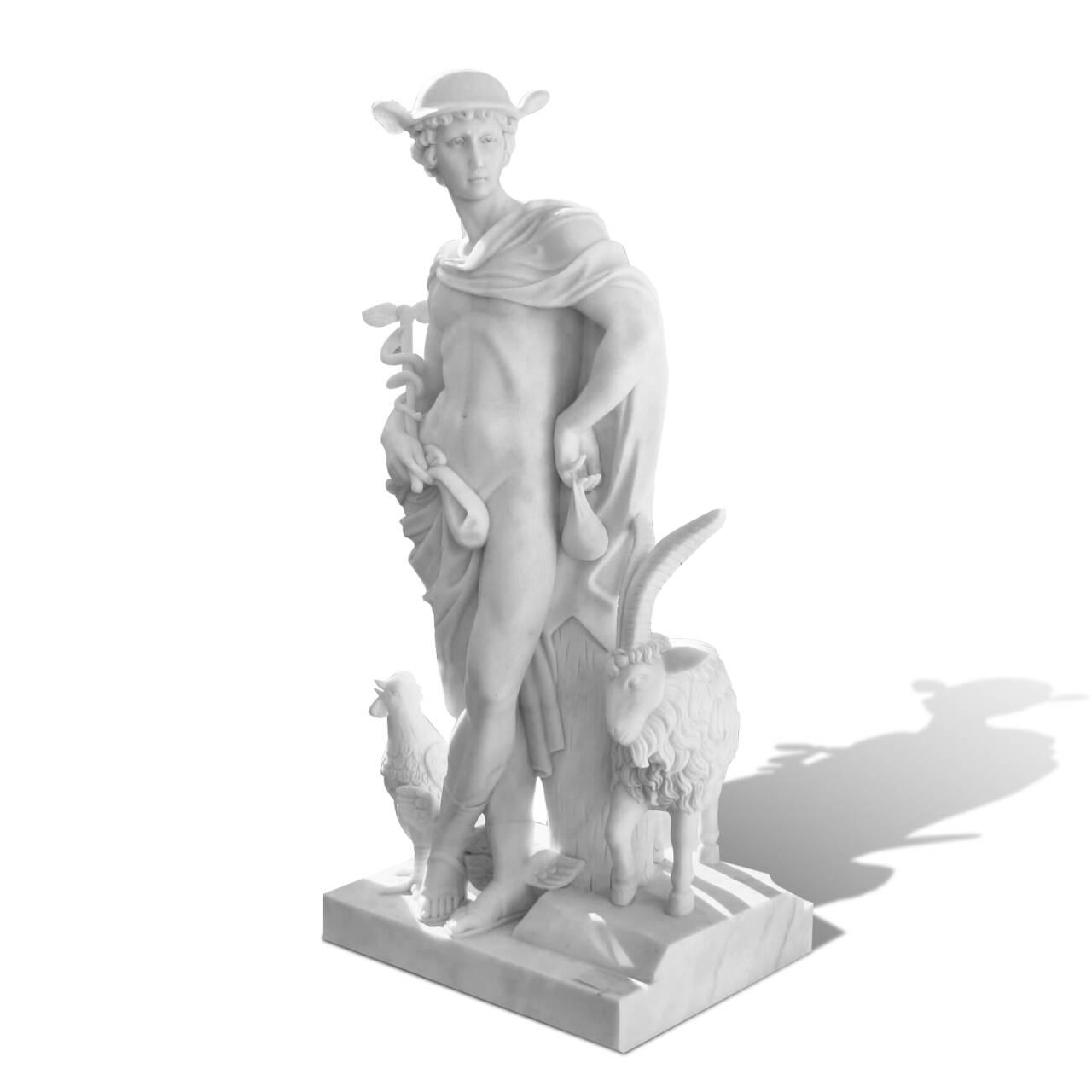 Luxury marble statue of Mercury with ram and rooster details for outdoor display