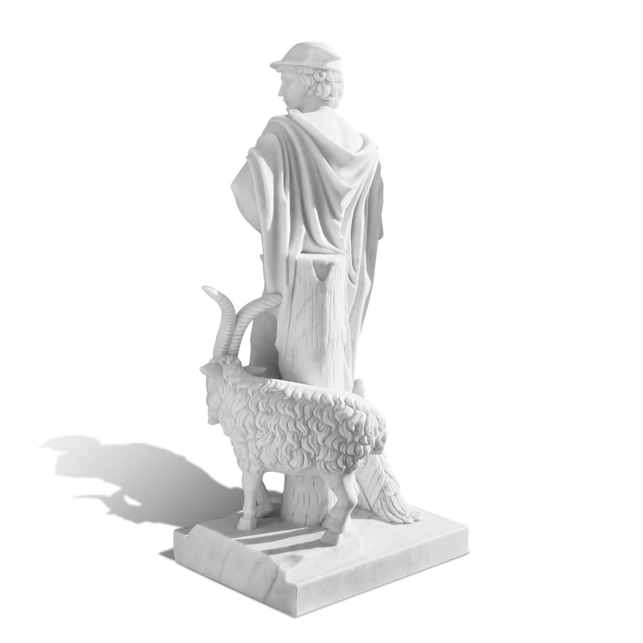 Roman mythology marble sculpture with caduceus, ram, and rooster back side view