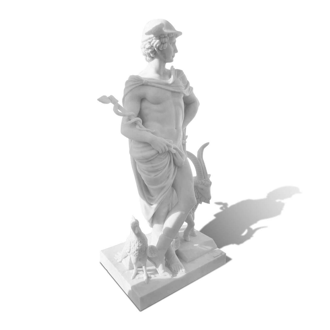 Hand-carved marble Mercury statue with classical Roman mythology design