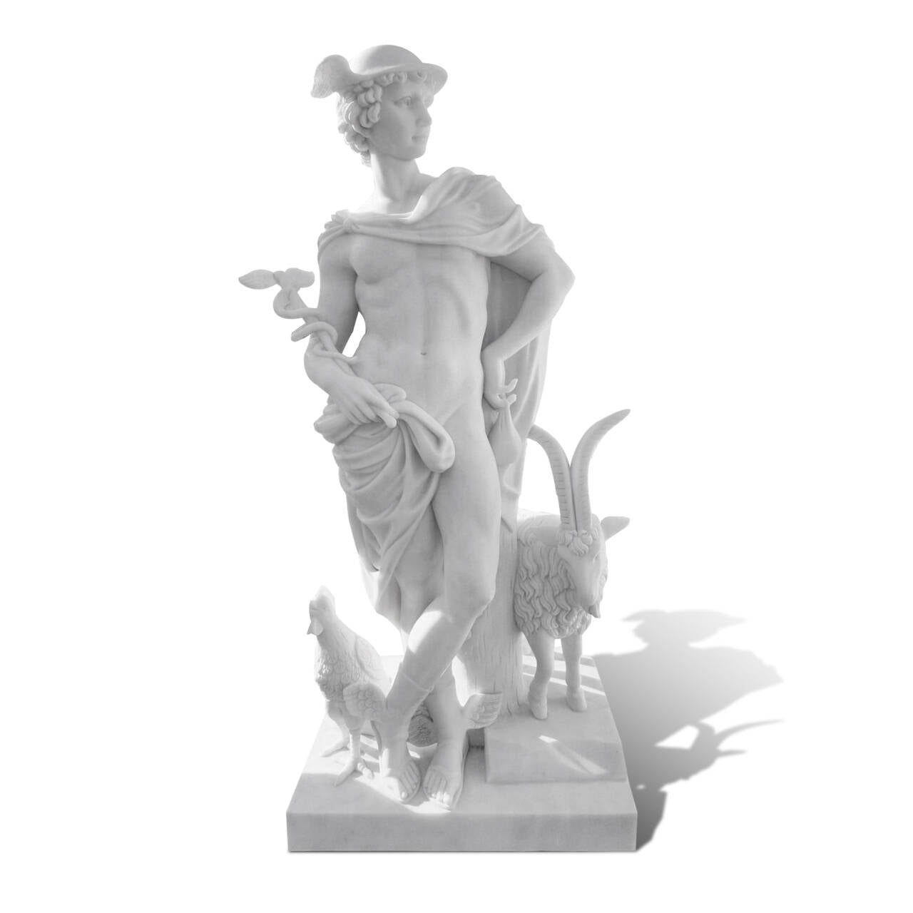 Roman god Mercury marble sculpture with caduceus and winged helmet
